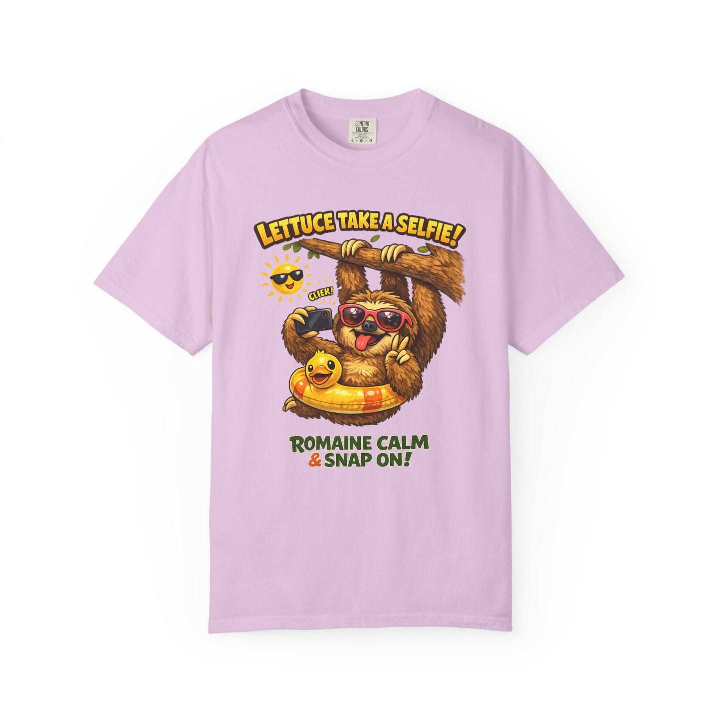 Romaine Calm & Snap On T-Shirt — 'Lettuce Take a Selfie' Sloth Graphic Tee
