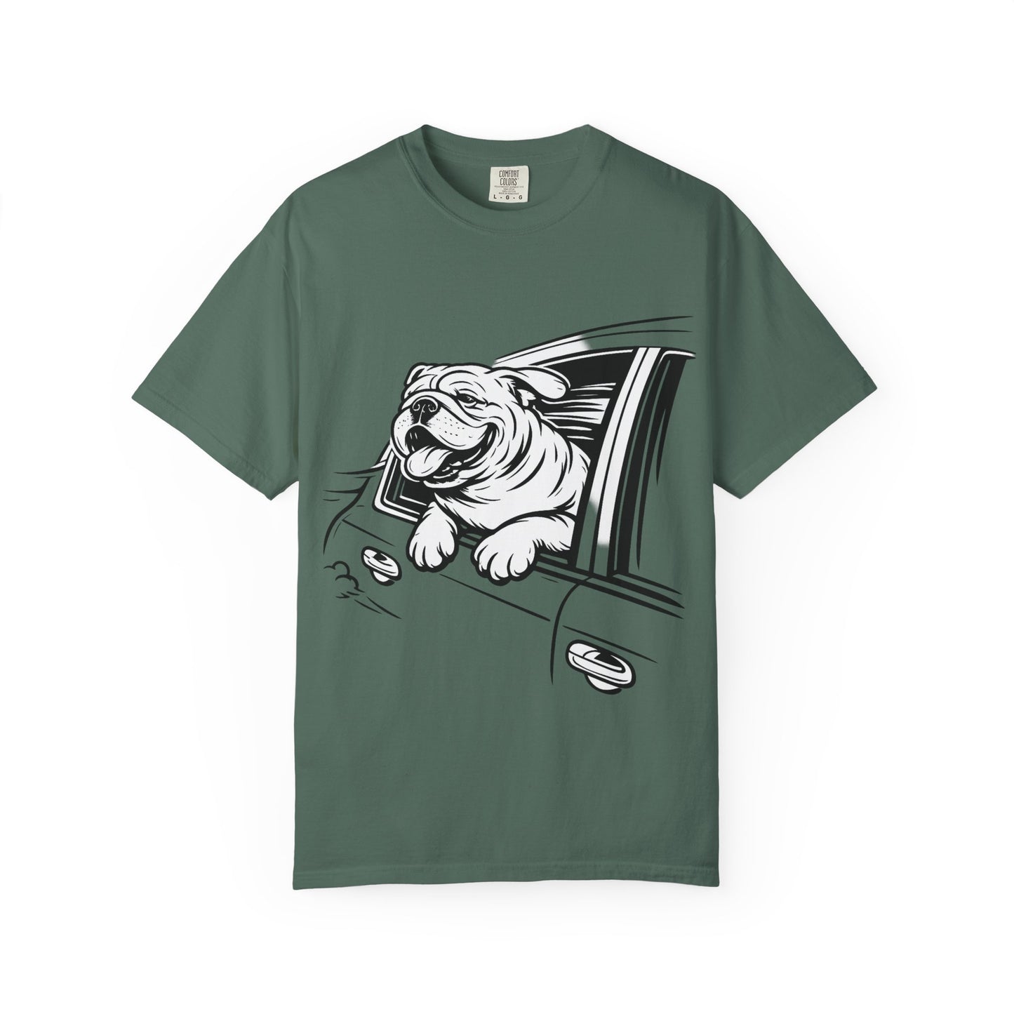 Bulldog Head Out Car Window T-Shirt — Cute Driving Dog Tee