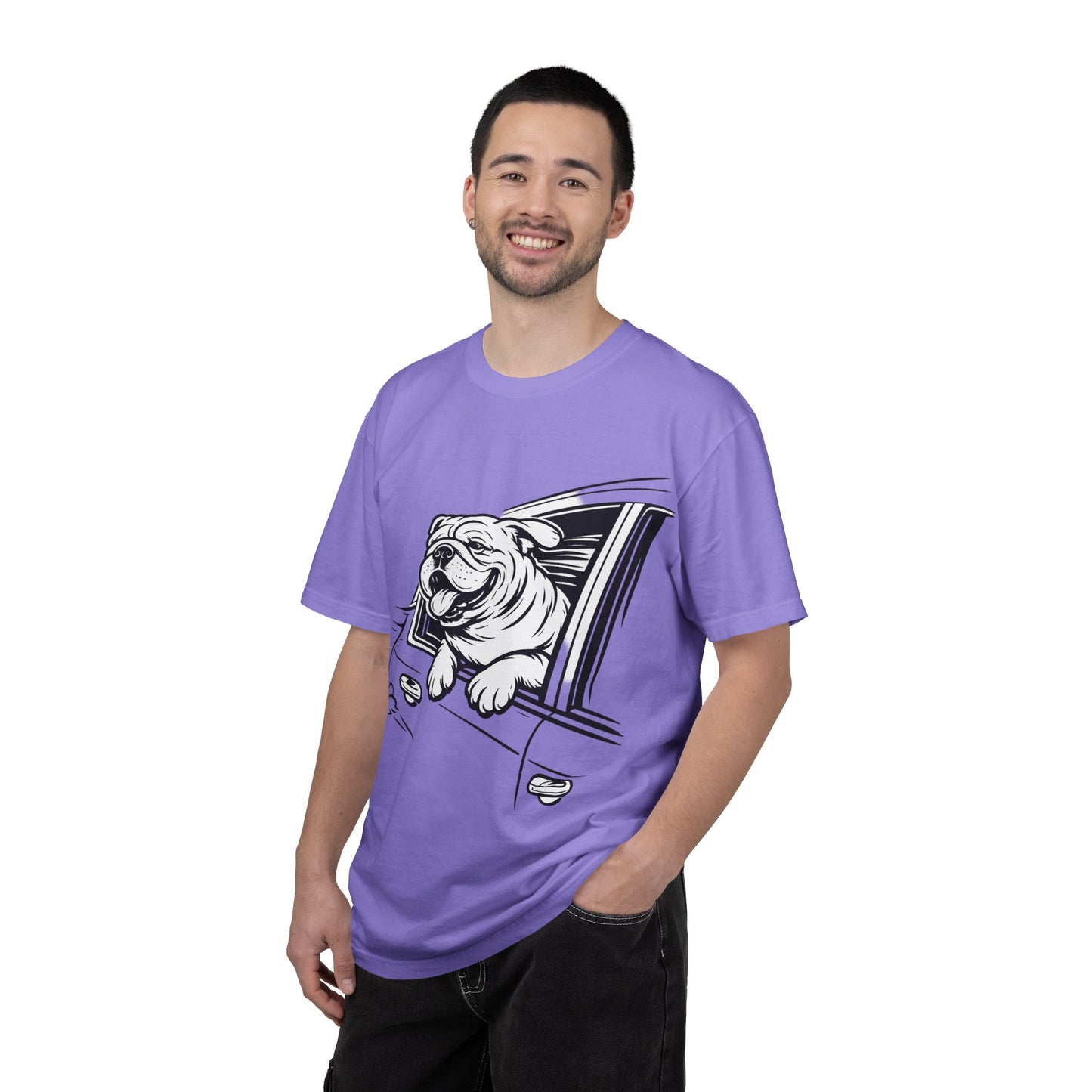 Bulldog Head Out Car Window T-Shirt — Cute Driving Dog Tee