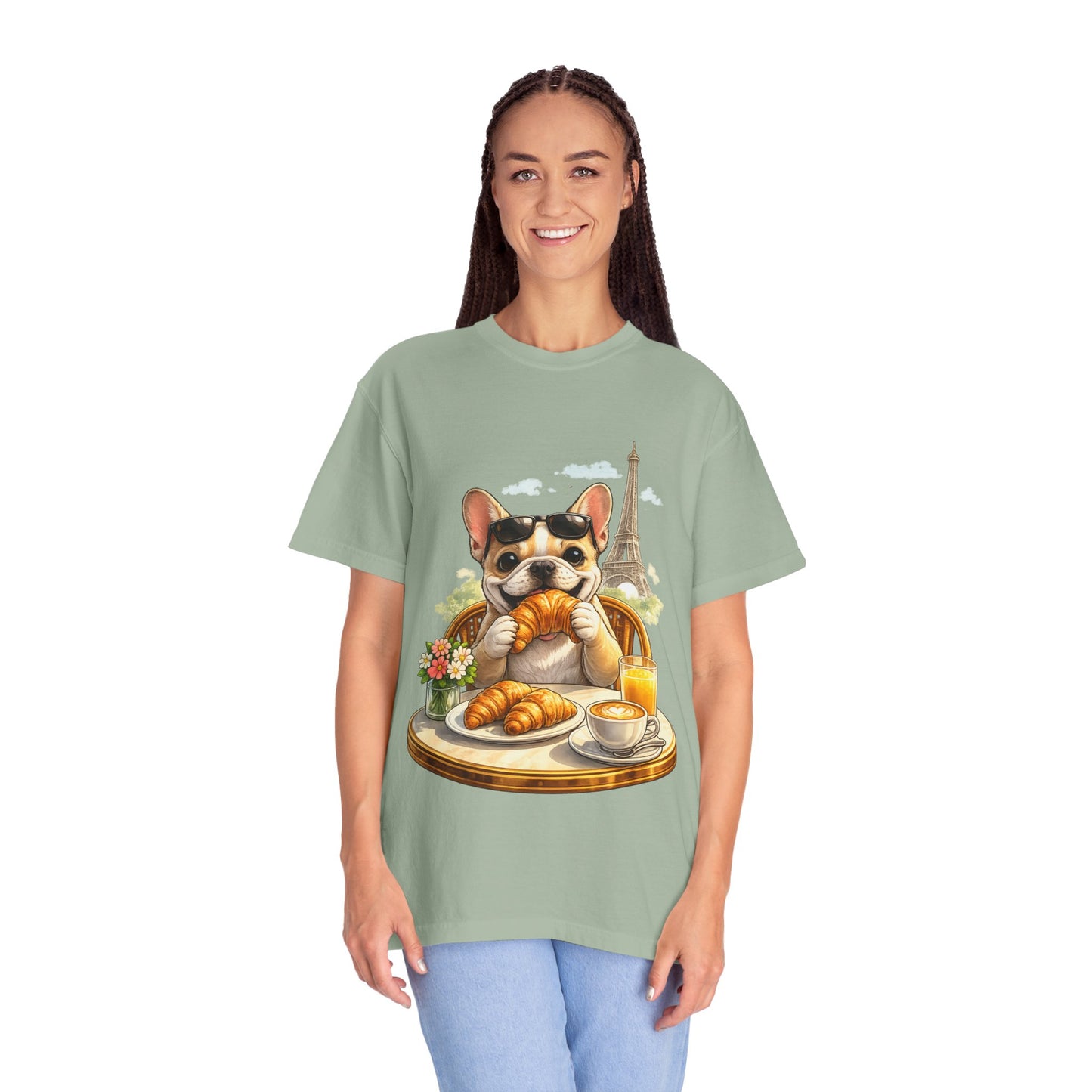 French Bulldog Breakfast T-Shirt — Croissant Café Tee with Eiffel Tower