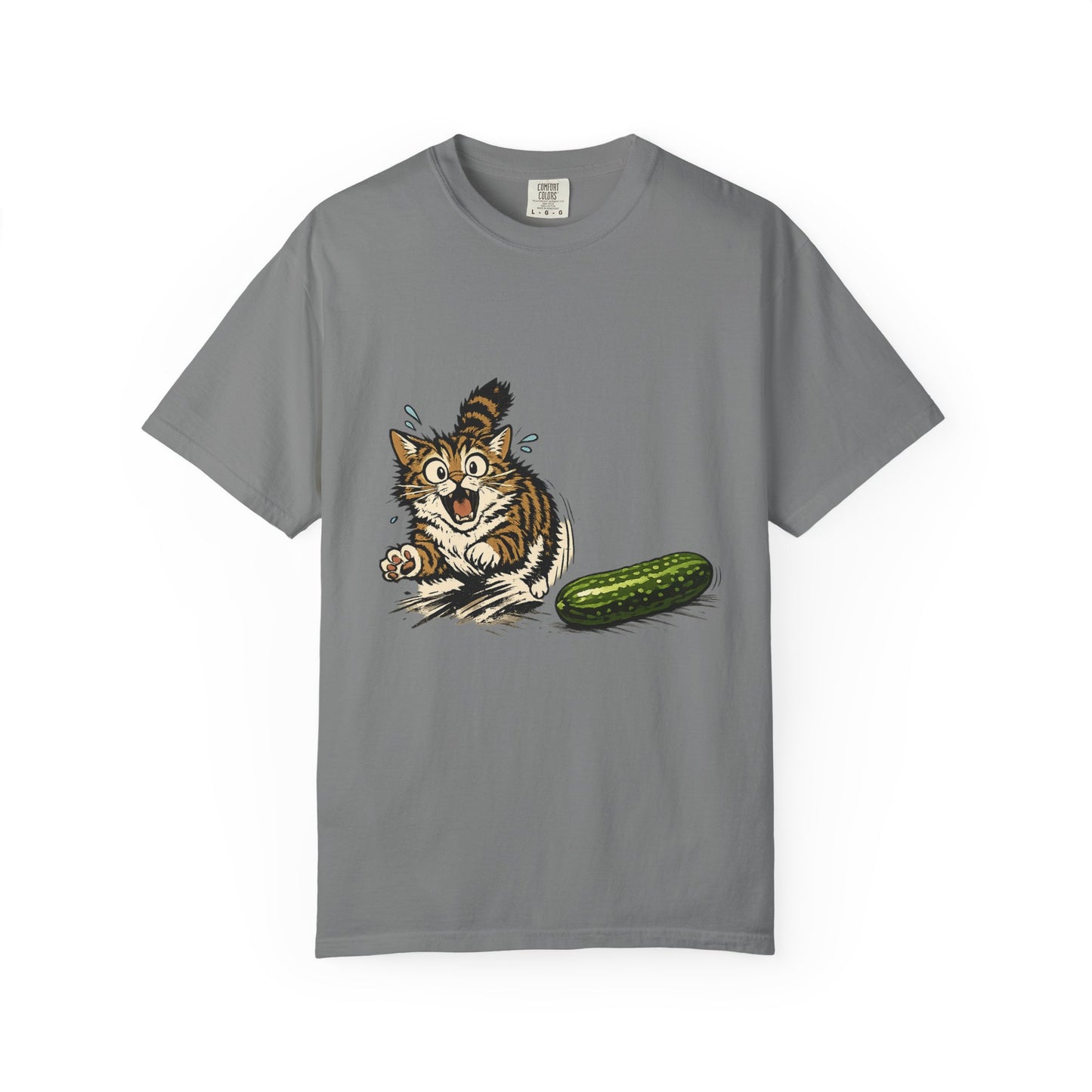 Cat and Cucumber Fear Graphic T-Shirt — Surprised Kitten with Cucumber Illustration