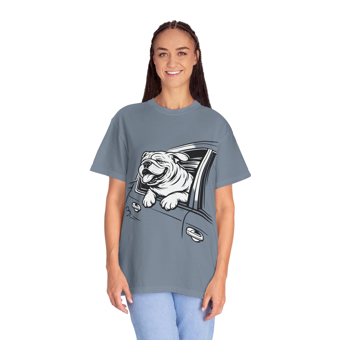 Bulldog Head Out Car Window T-Shirt — Cute Driving Dog Tee