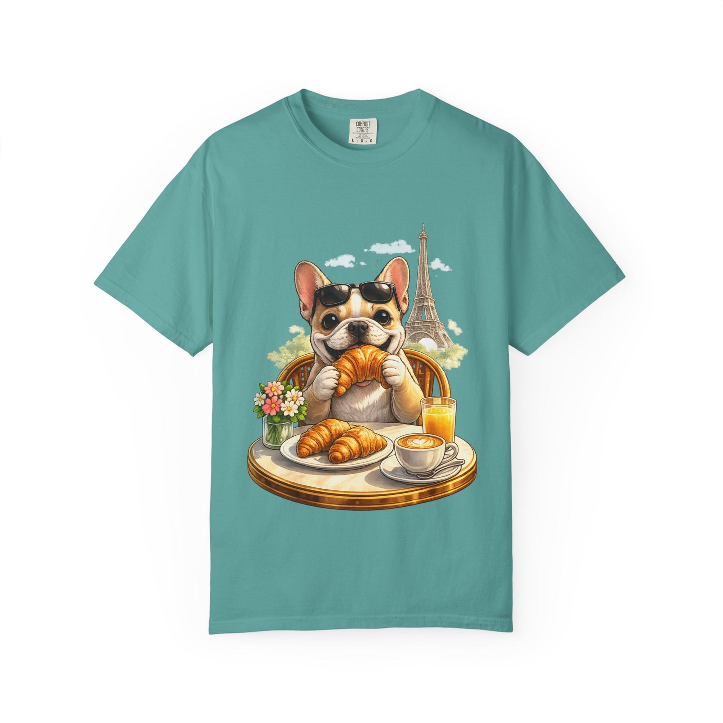 French Bulldog Breakfast T-Shirt — Croissant Café Tee with Eiffel Tower