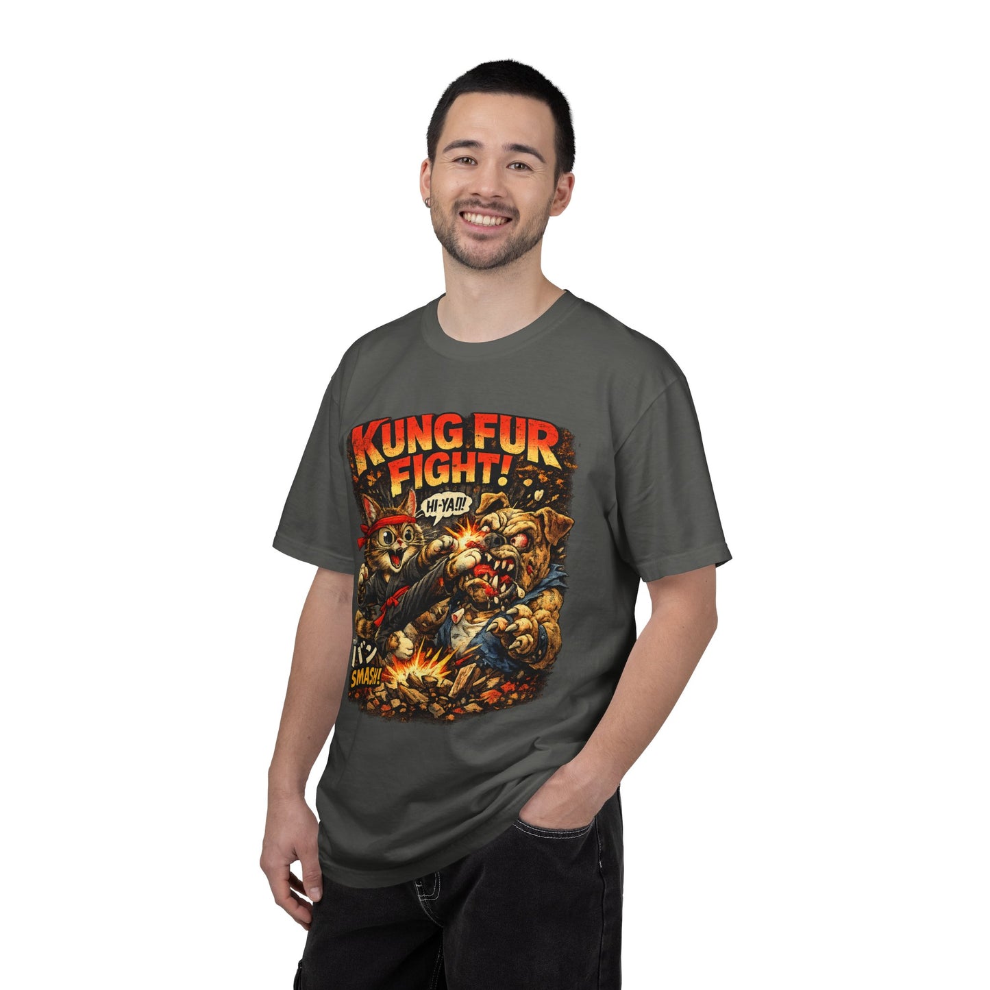 Kung Fur Fight T-Shirt — Retro Cat vs Dog Martial Arts Graphic Tee