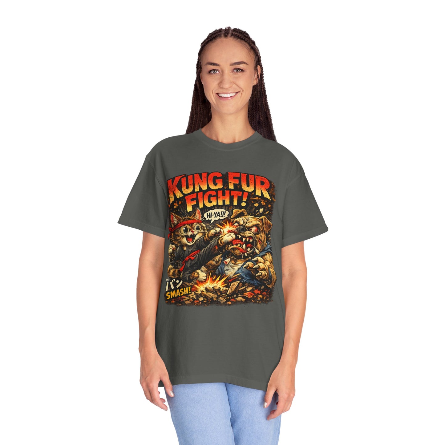 Kung Fur Fight T-Shirt — Retro Cat vs Dog Martial Arts Graphic Tee