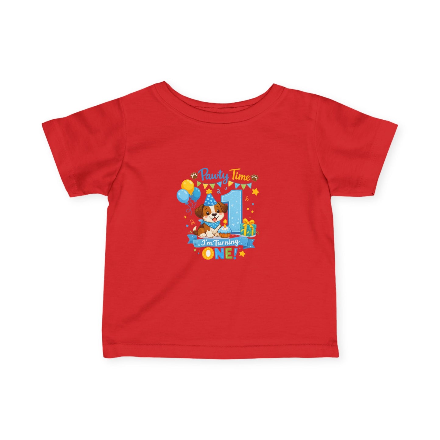 1st Birthday Infant Tee — "Party Time! Turning One" Cute Puppy Balloon Design