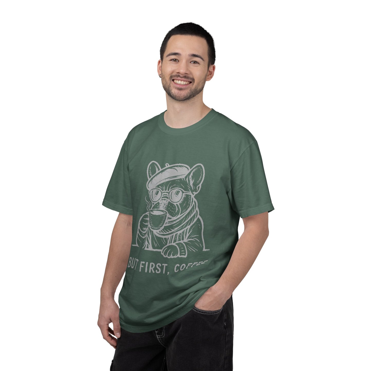 But First, Coffee T-Shirt — French Bulldog Drinking Coffee Graphic Tee