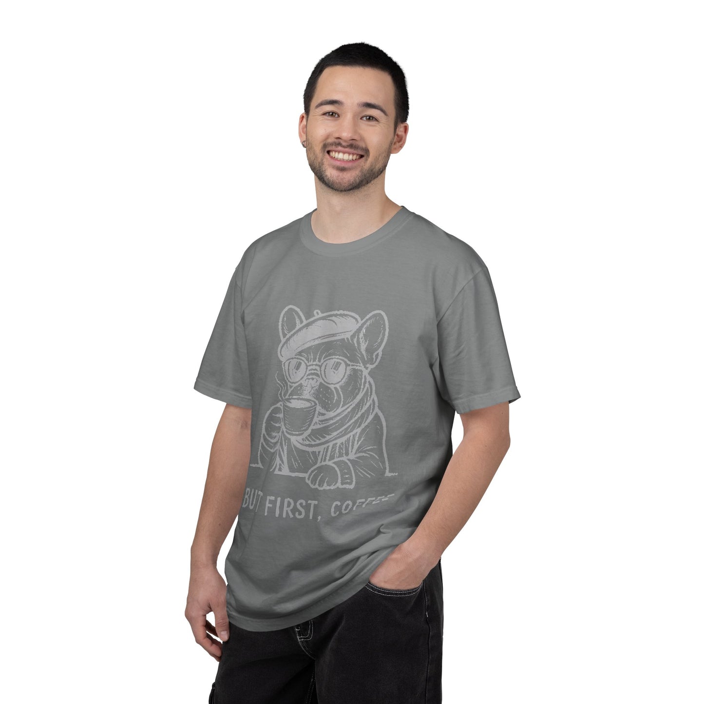 But First, Coffee T-Shirt — French Bulldog Drinking Coffee Graphic Tee