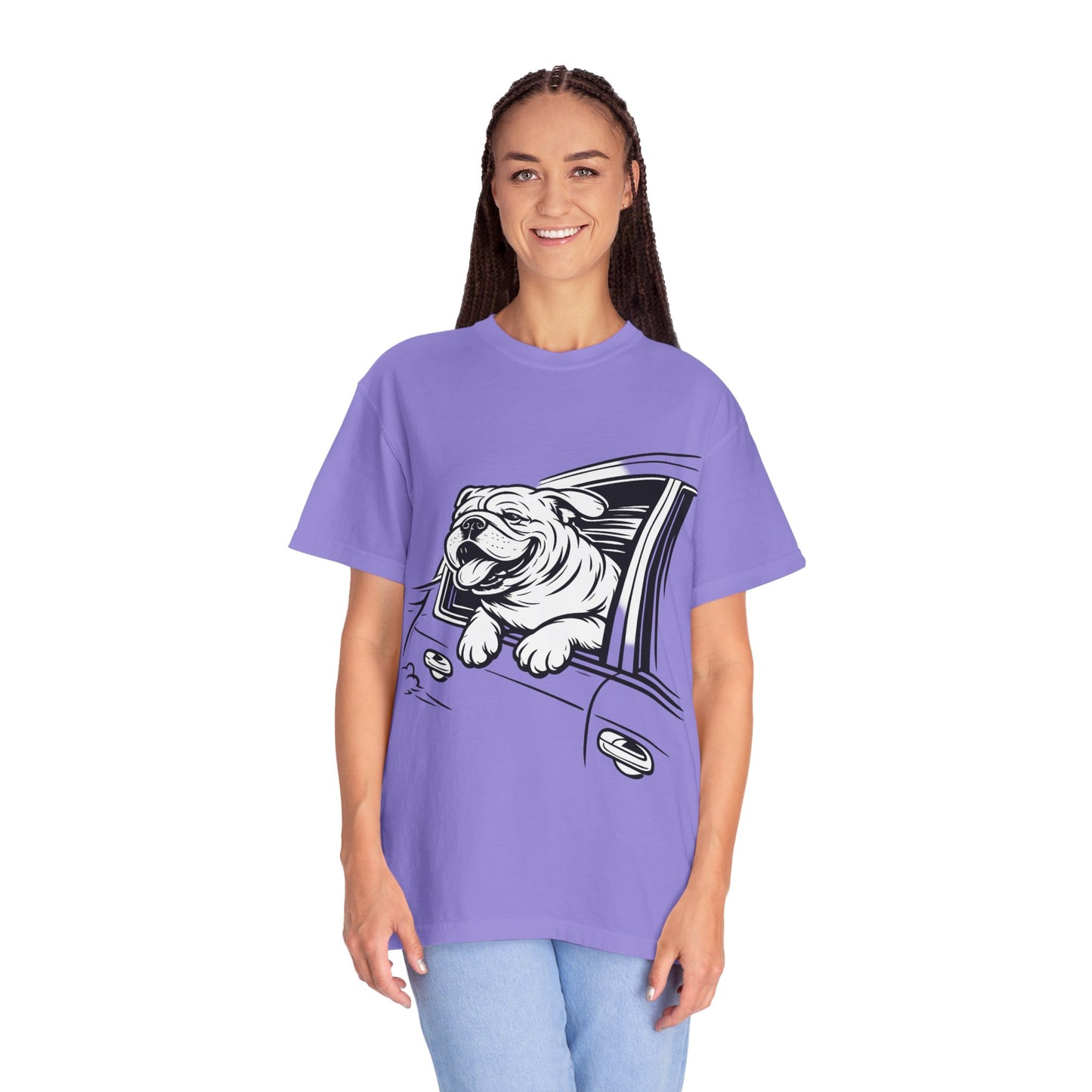Bulldog Head Out Car Window T-Shirt — Cute Driving Dog Tee