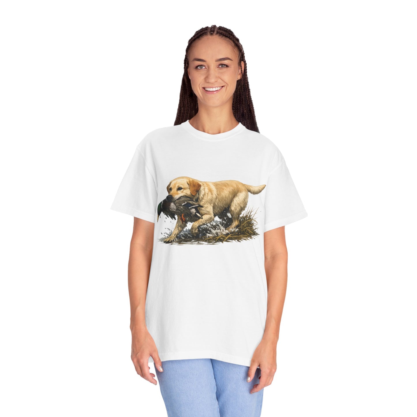 Labrador Retriever Hunting Dog T-Shirt — Yellow Lab with Duck Graphic