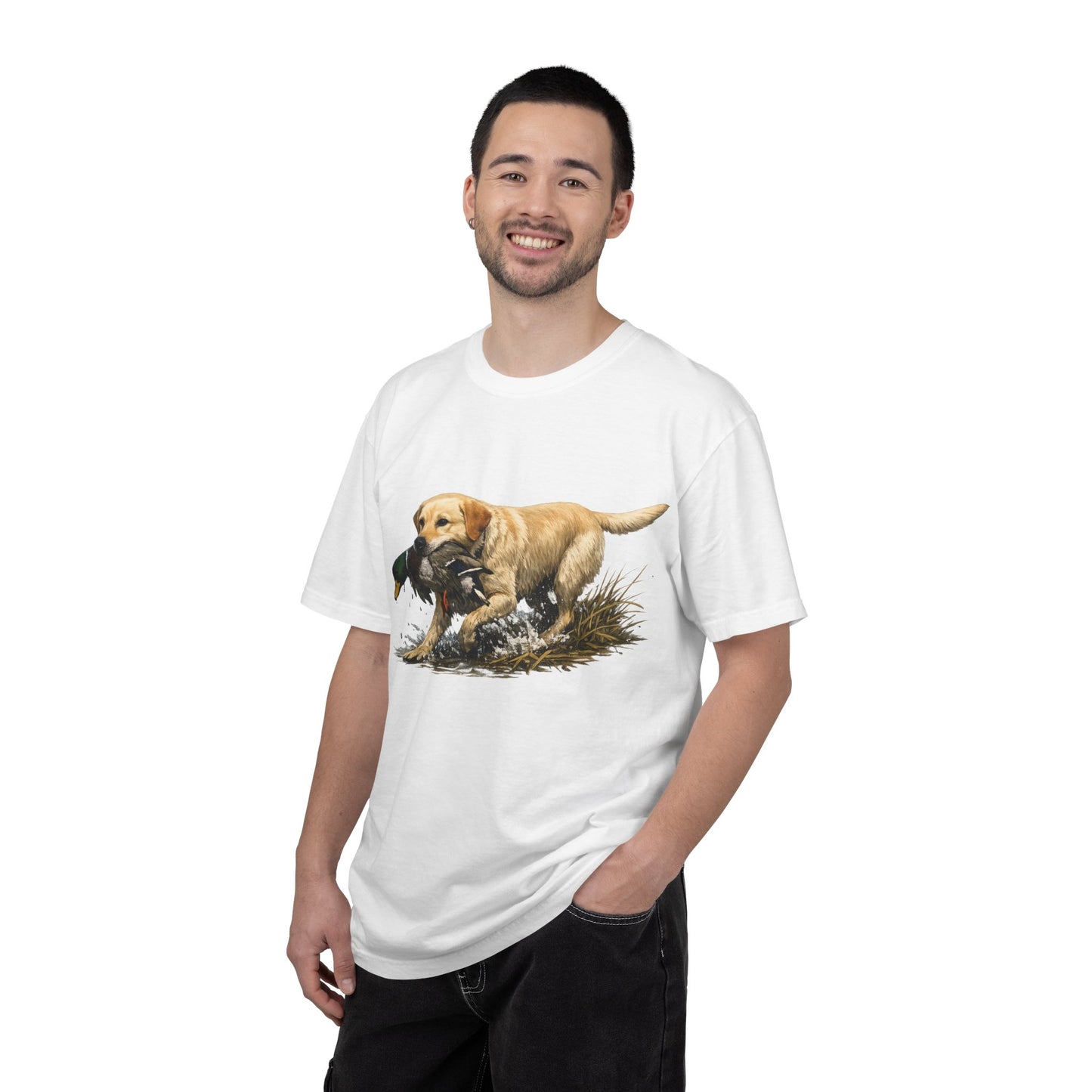 Labrador Retriever Hunting Dog T-Shirt — Yellow Lab with Duck Graphic