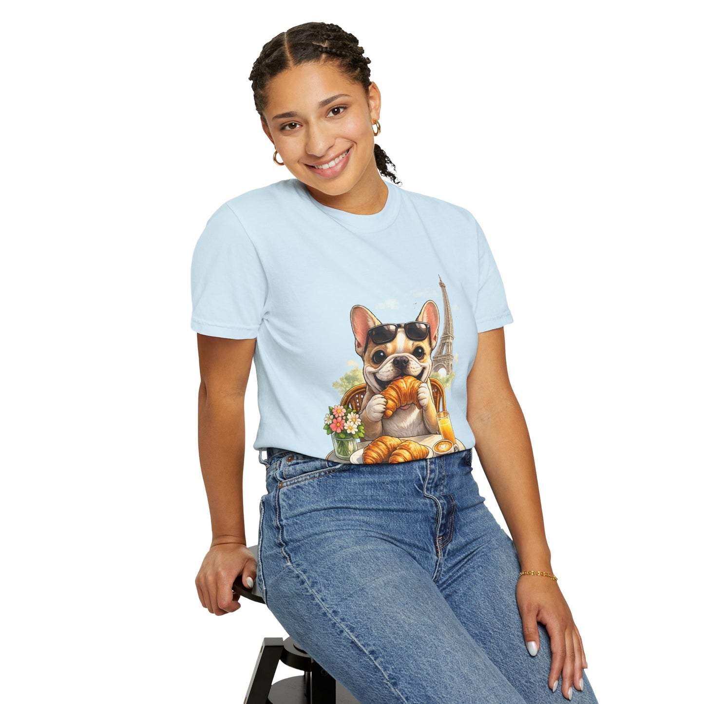 French Bulldog Breakfast T-Shirt — Croissant Café Tee with Eiffel Tower