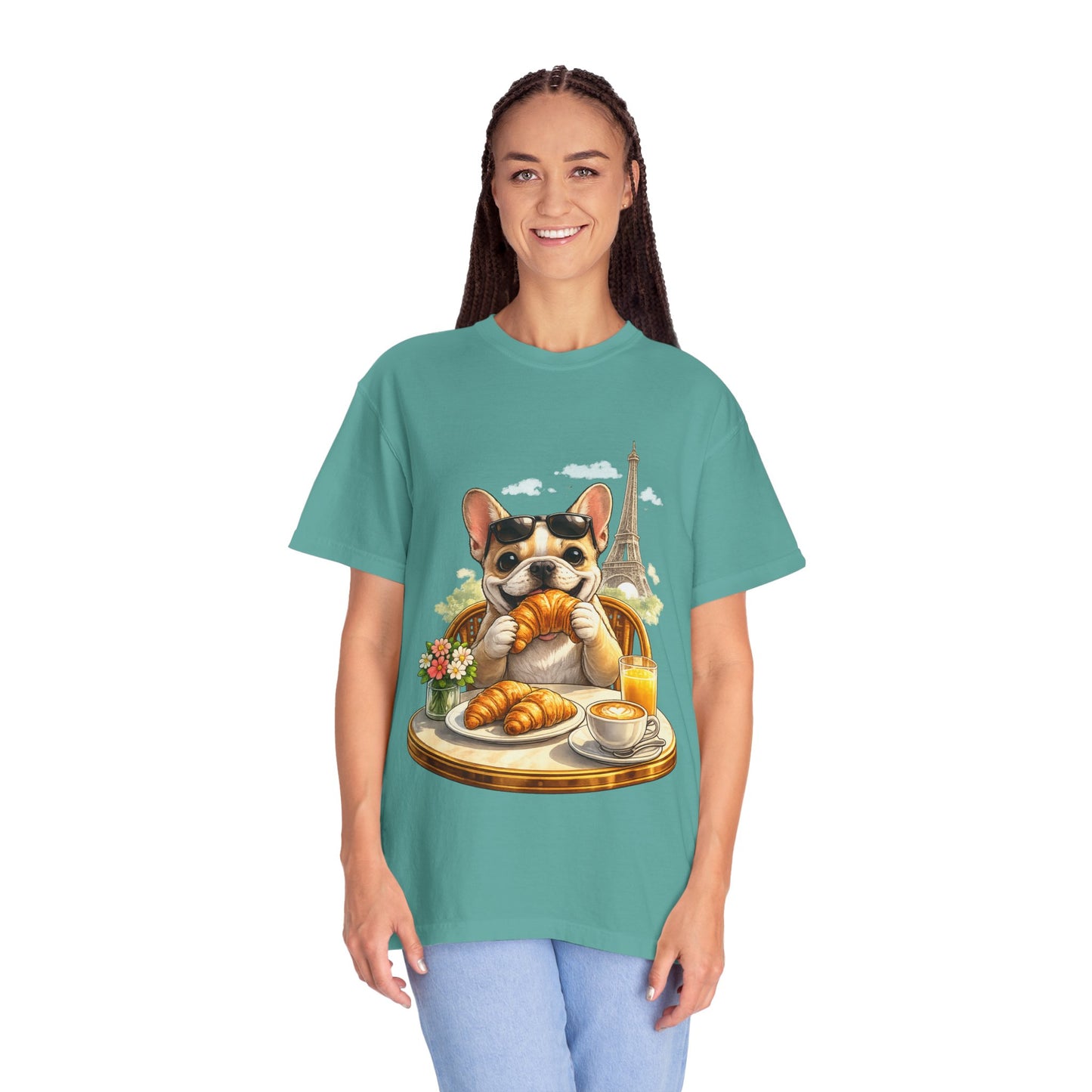 French Bulldog Breakfast T-Shirt — Croissant Café Tee with Eiffel Tower