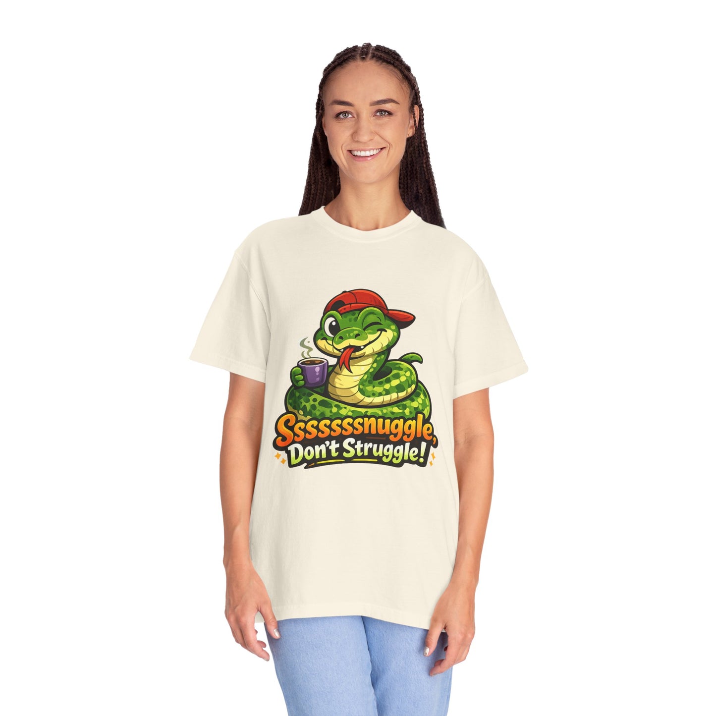 Ssssnuggle Snake T-Shirt — "Ssssssnnuggle, Don't Struggle!" Cute Cozy Snake Graphic Tee
