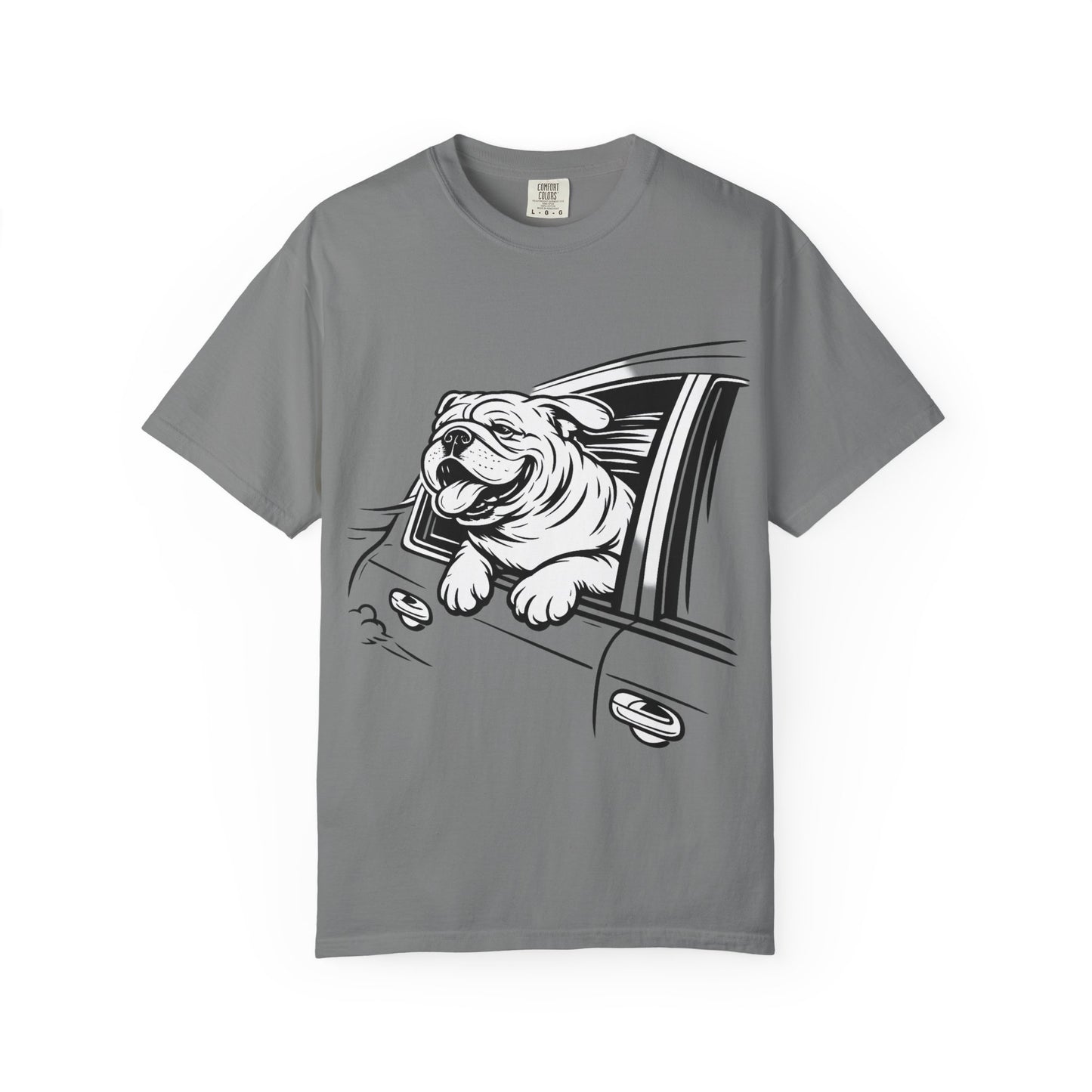 Bulldog Head Out Car Window T-Shirt — Cute Driving Dog Tee