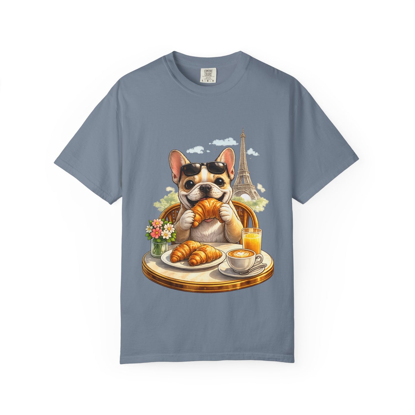 French Bulldog Breakfast T-Shirt — Croissant Café Tee with Eiffel Tower