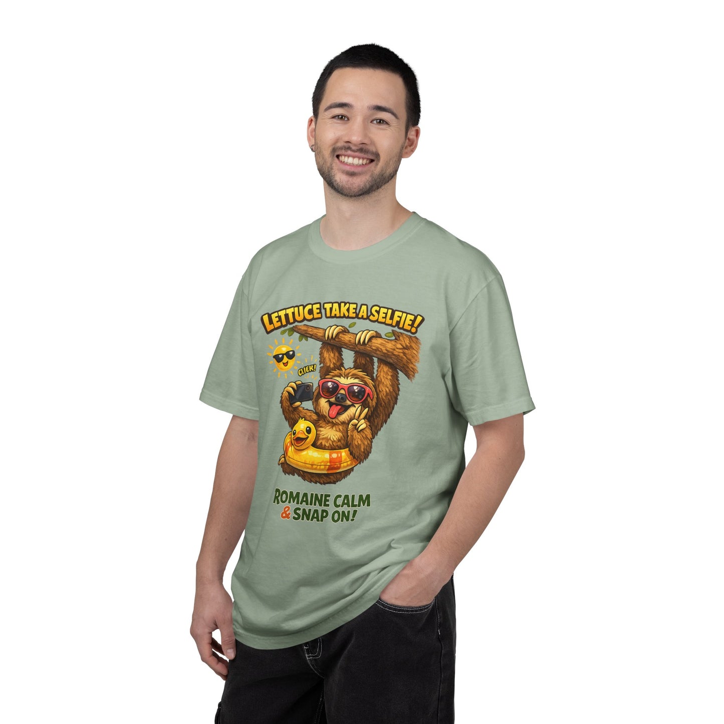 Romaine Calm & Snap On T-Shirt — 'Lettuce Take a Selfie' Sloth Graphic Tee