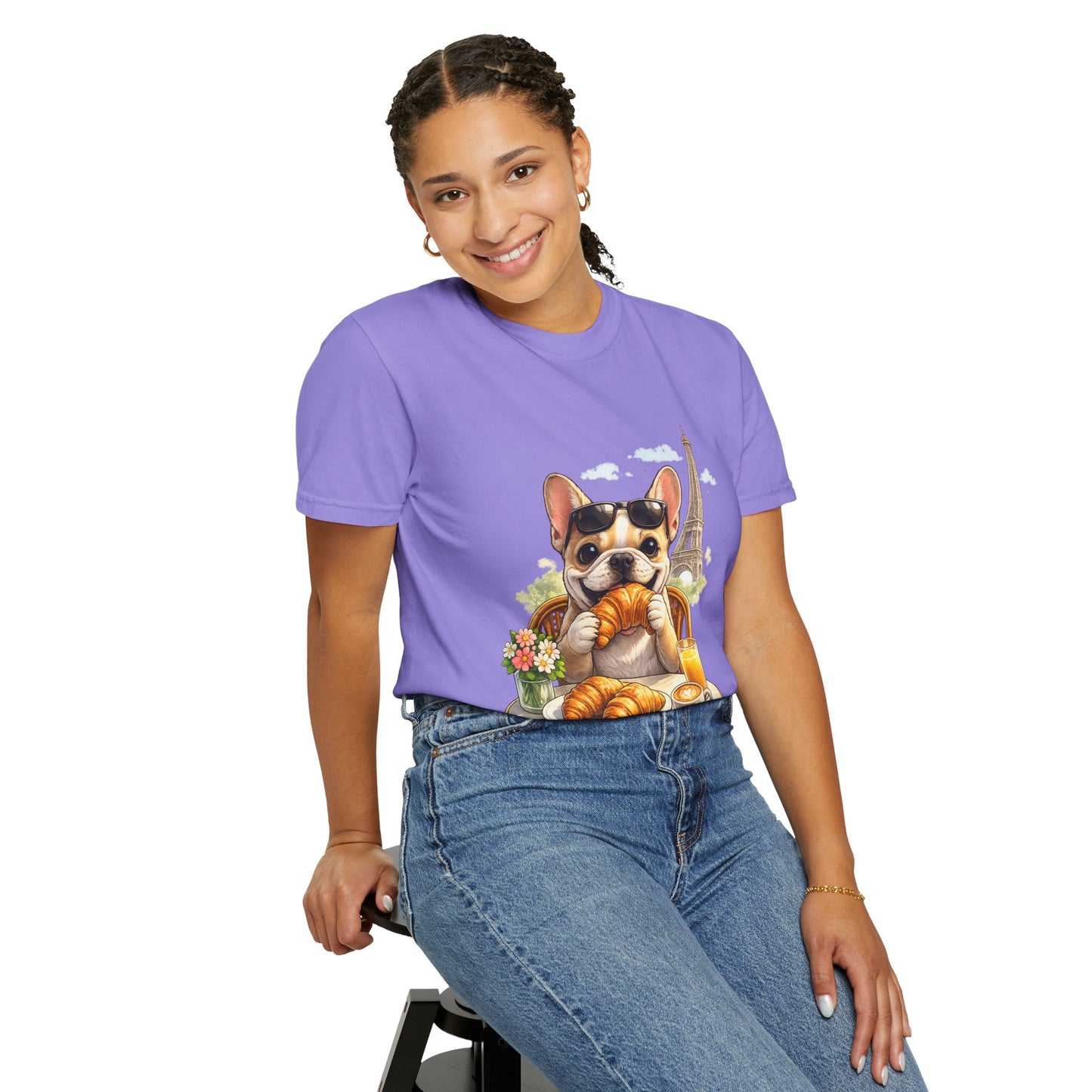 French Bulldog Breakfast T-Shirt — Croissant Café Tee with Eiffel Tower