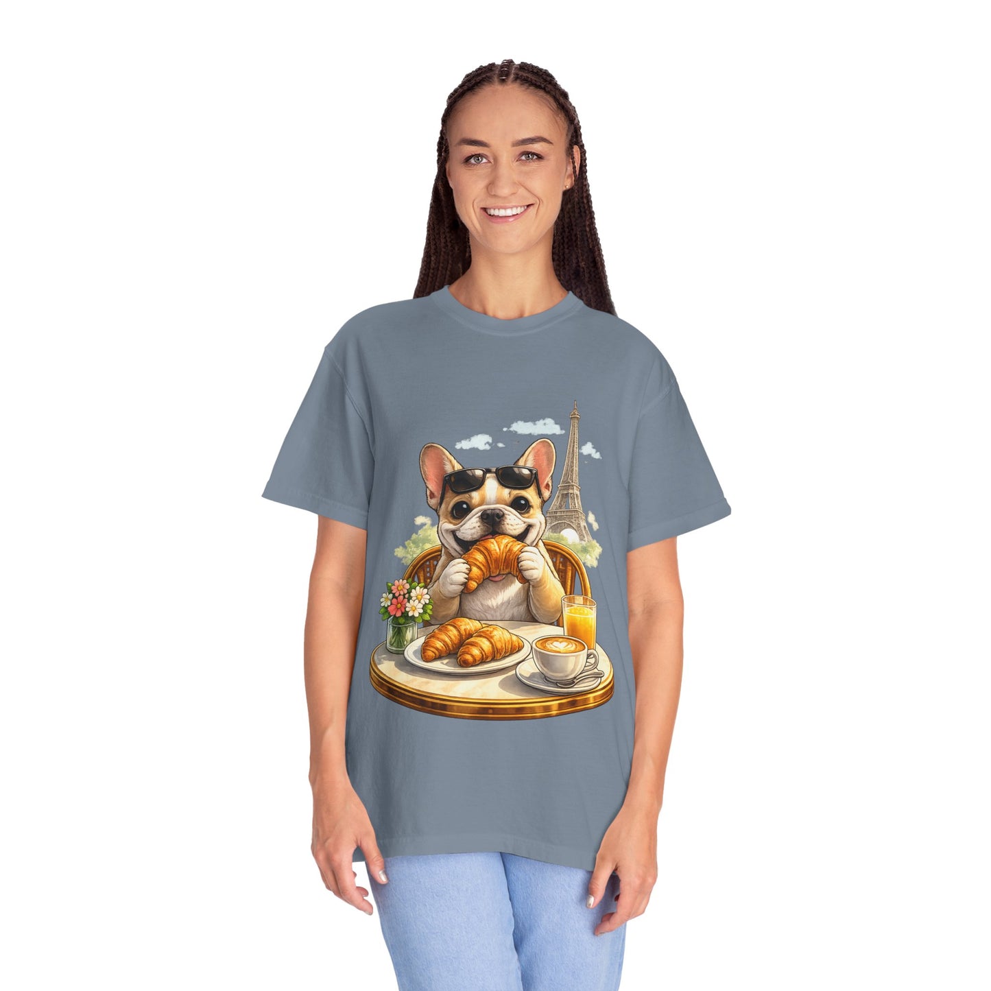 French Bulldog Breakfast T-Shirt — Croissant Café Tee with Eiffel Tower