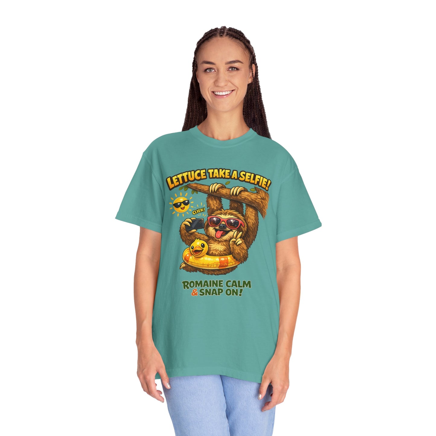 Romaine Calm & Snap On T-Shirt — 'Lettuce Take a Selfie' Sloth Graphic Tee