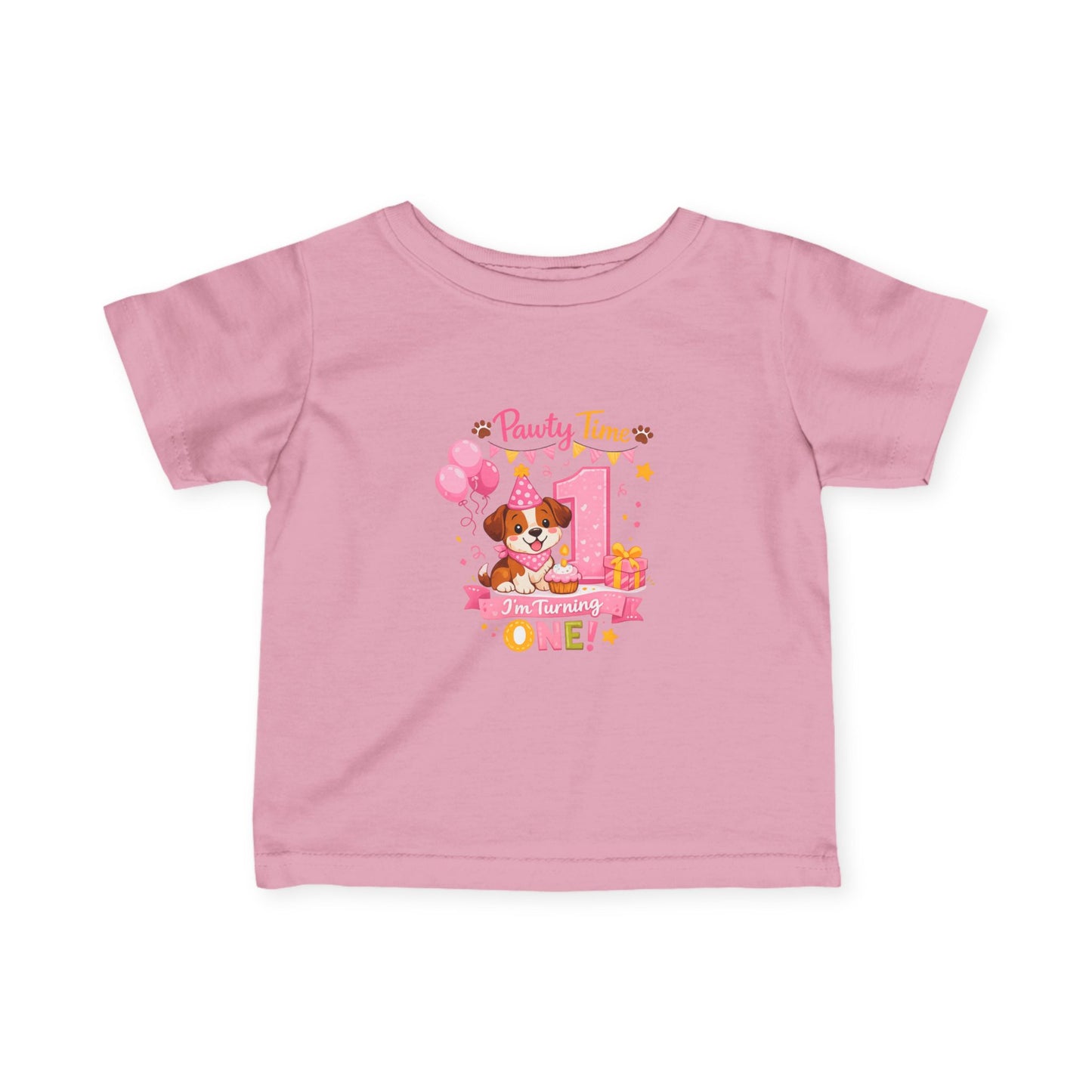 Girls First Birthday Infant Tee — "Party Time One!" Pink Puppy 1st Birthday Shirt