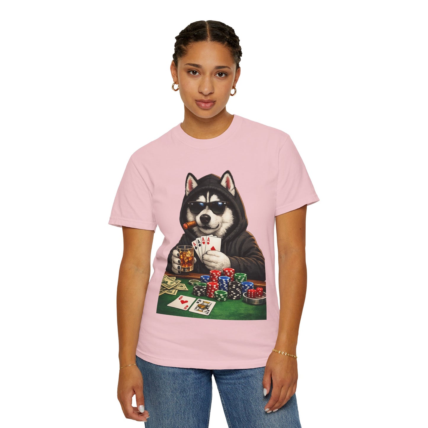 Poker Husky T-Shirt — Dog Playing Cards & Chips Graphic Tee