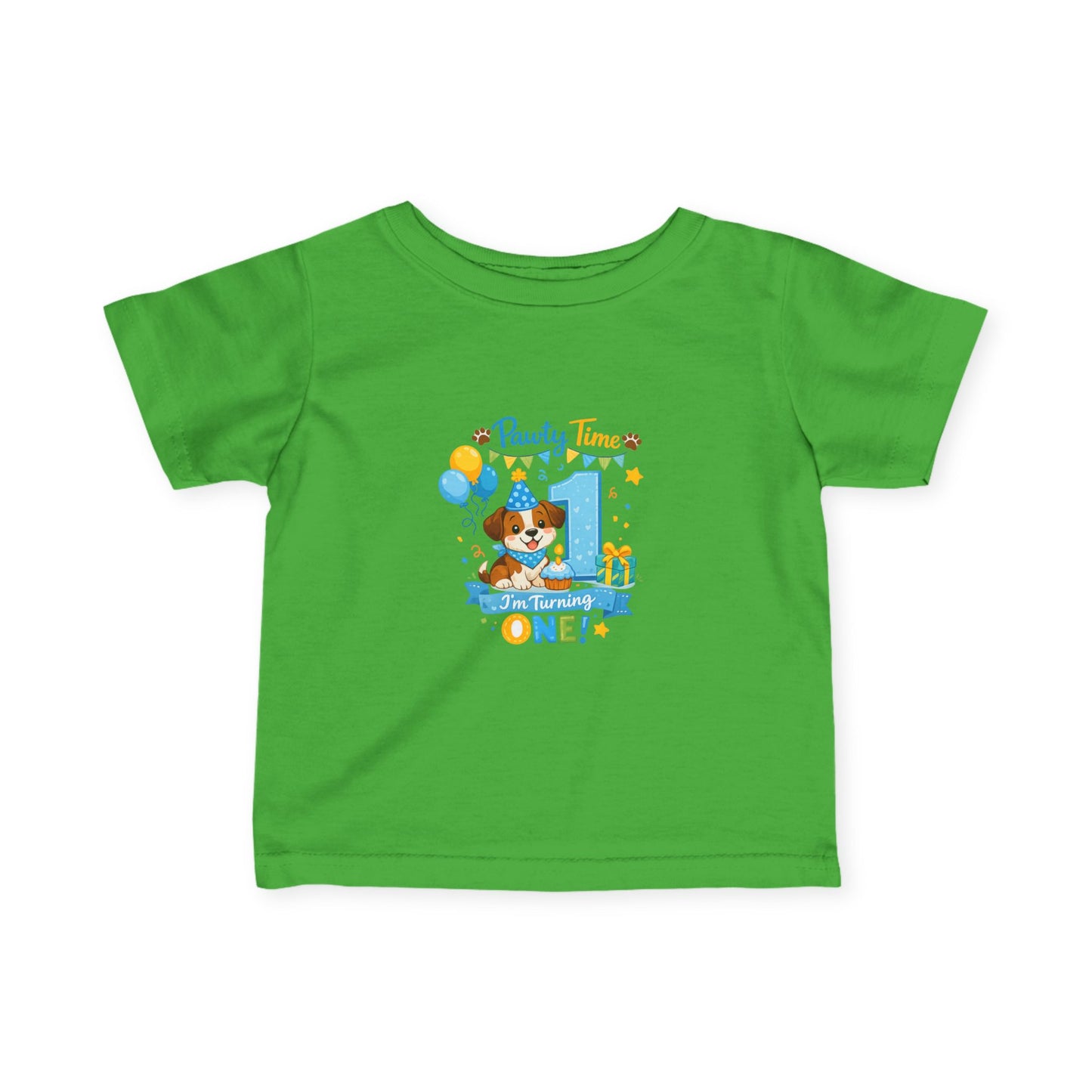 1st Birthday Infant Tee — "Party Time! Turning One" Cute Puppy Balloon Design