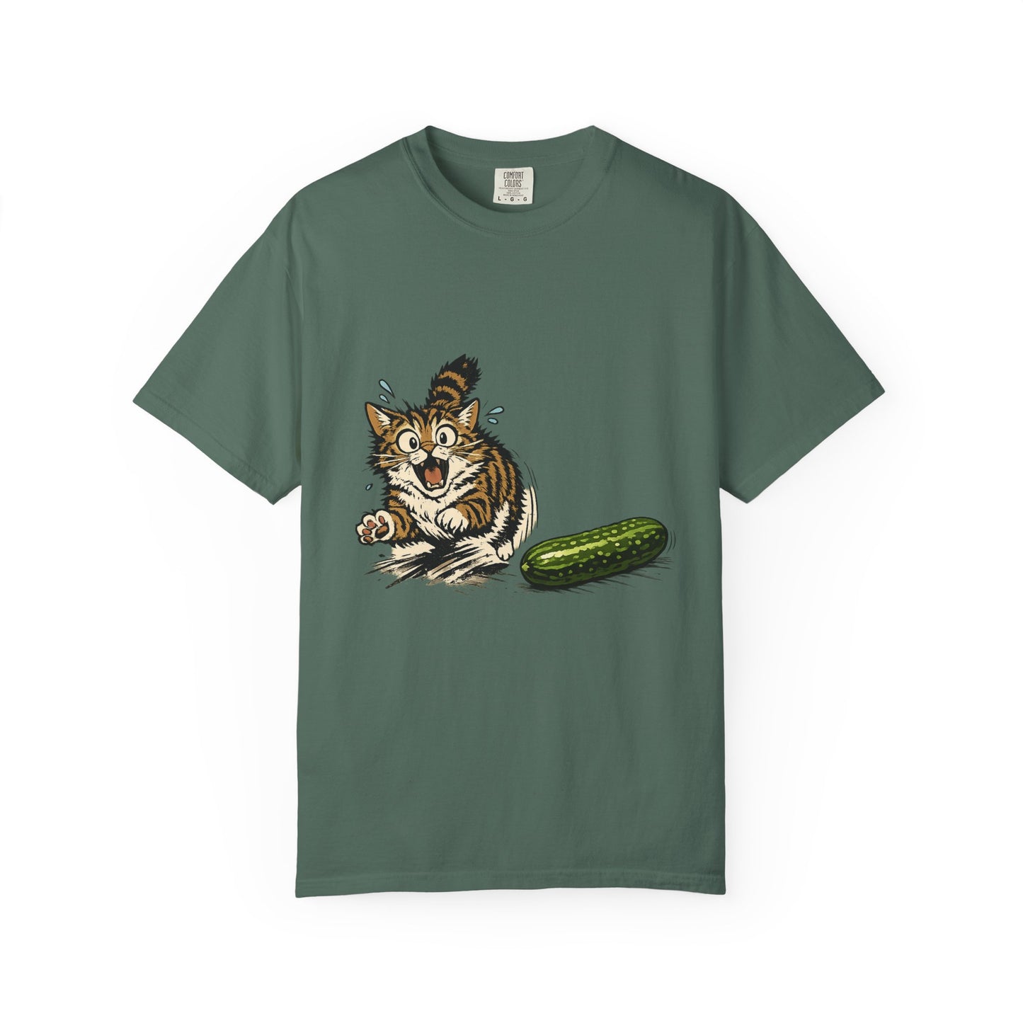 Cat and Cucumber Fear Graphic T-Shirt — Surprised Kitten with Cucumber Illustration