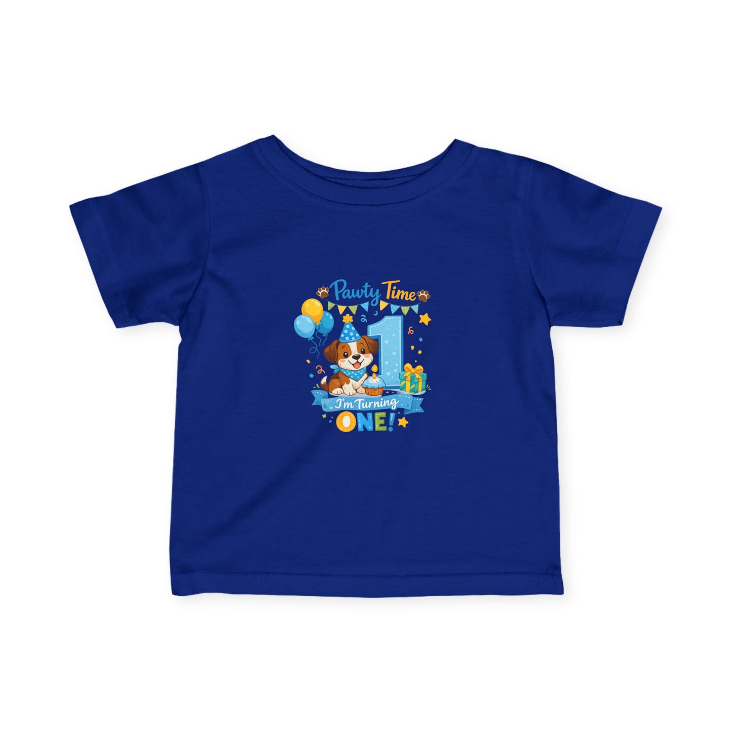 1st Birthday Infant Tee — "Party Time! Turning One" Cute Puppy Balloon Design