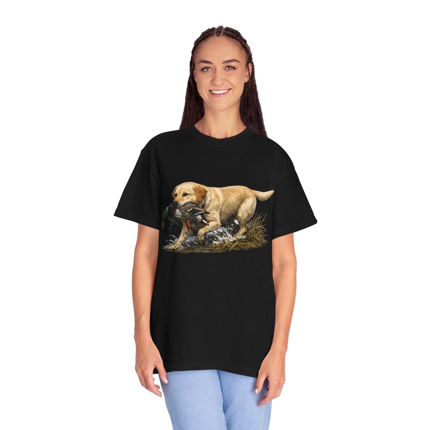 Labrador Retriever Hunting Dog T-Shirt — Yellow Lab with Duck Graphic