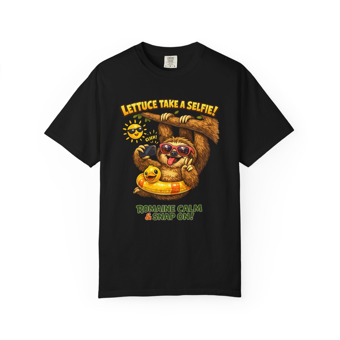 Romaine Calm & Snap On T-Shirt — 'Lettuce Take a Selfie' Sloth Graphic Tee