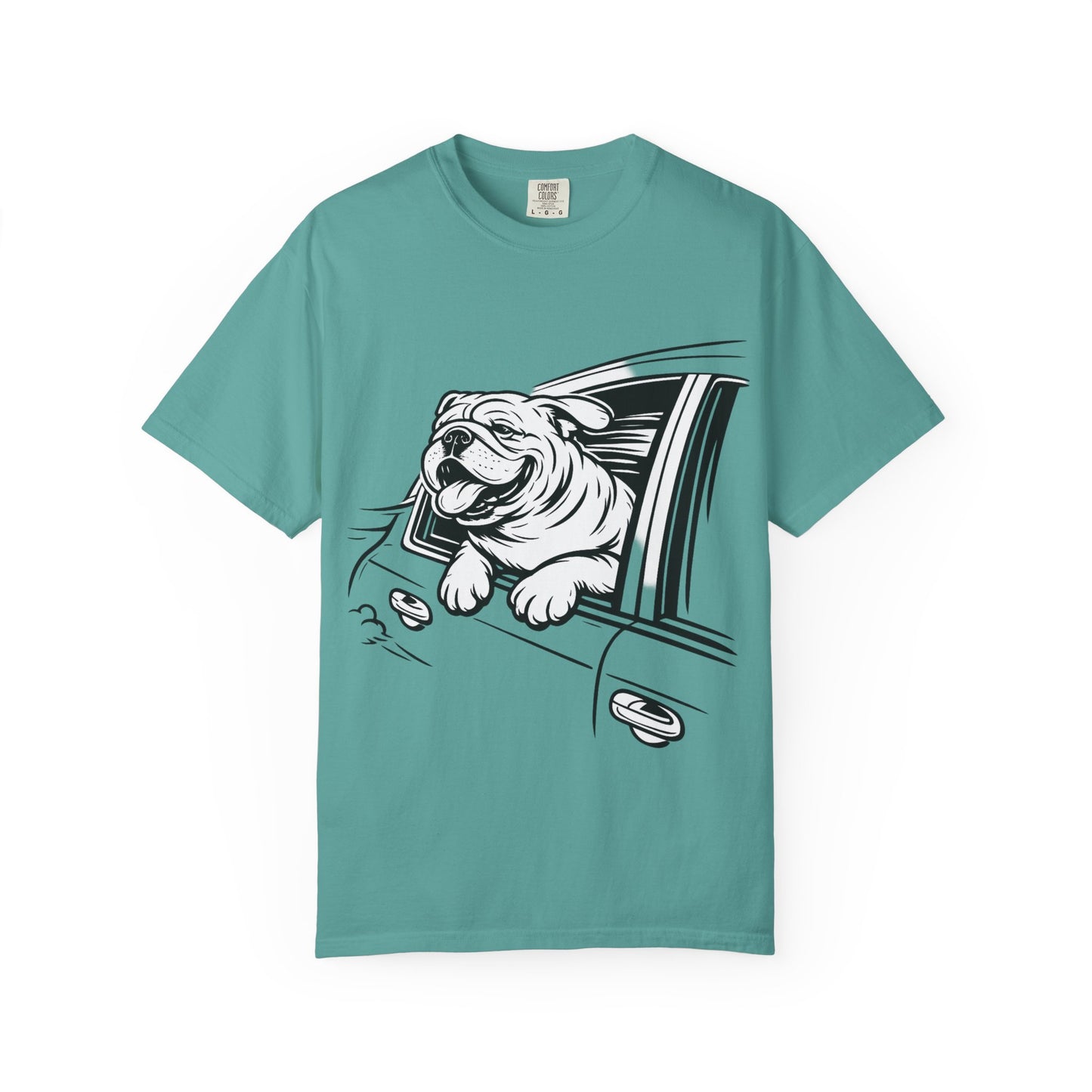 Bulldog Head Out Car Window T-Shirt — Cute Driving Dog Tee