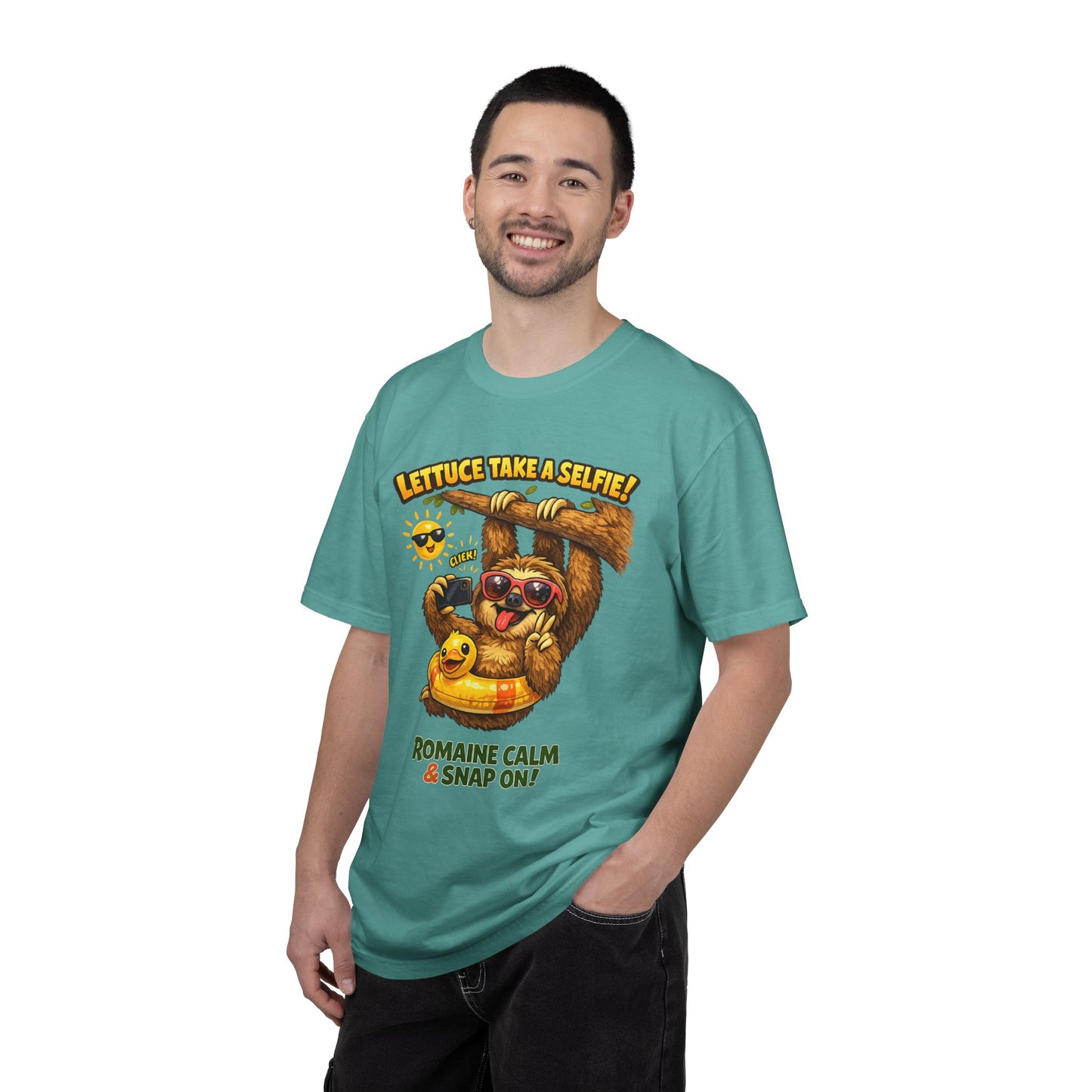 Romaine Calm & Snap On T-Shirt — 'Lettuce Take a Selfie' Sloth Graphic Tee