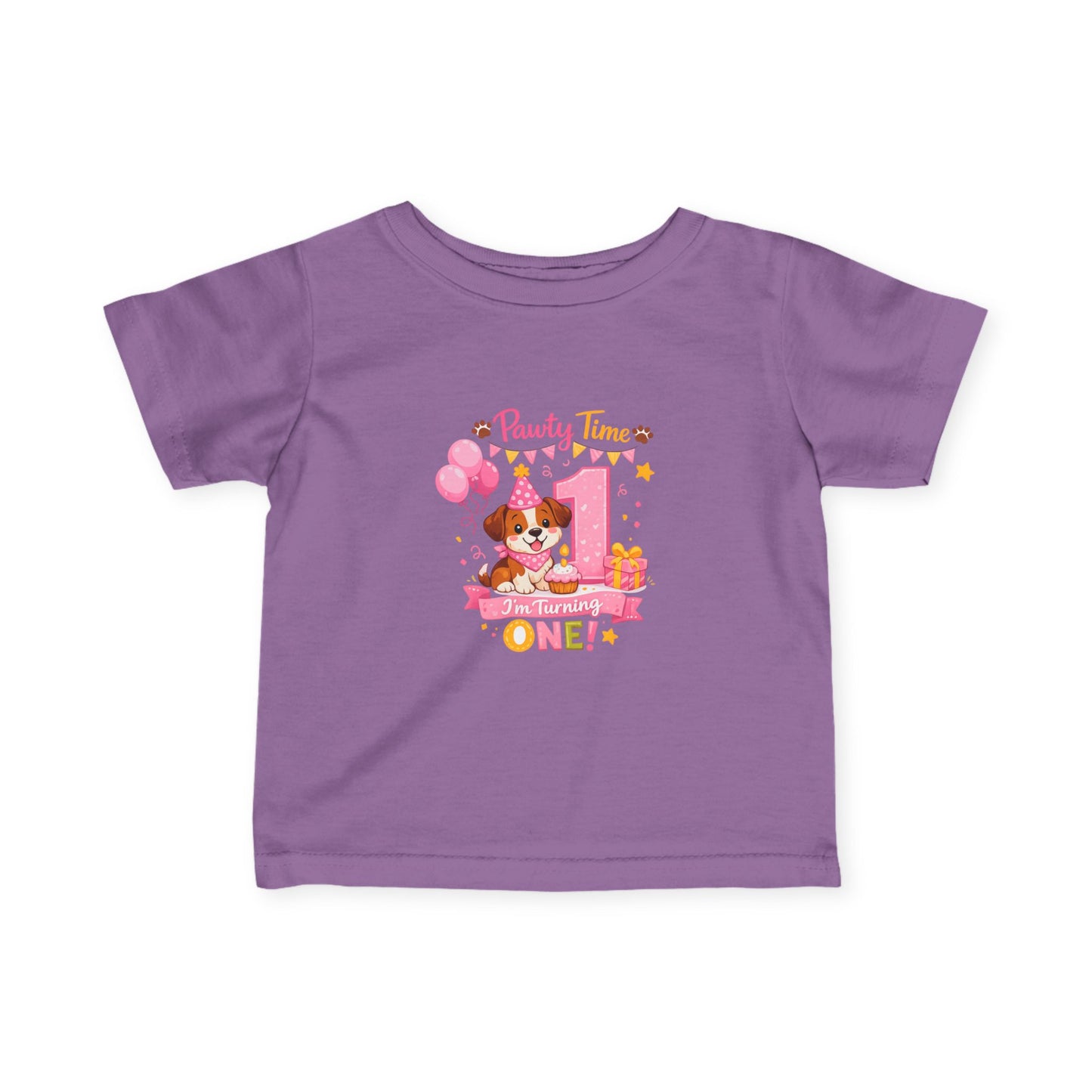 Girls First Birthday Infant Tee — "Party Time One!" Pink Puppy 1st Birthday Shirt