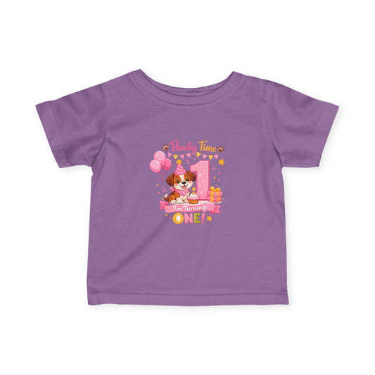 Girls First Birthday Infant Tee — "Party Time One!" Pink Puppy 1st Birthday Shirt