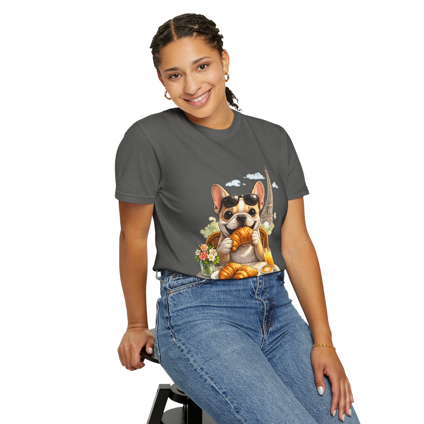French Bulldog Breakfast T-Shirt — Croissant Café Tee with Eiffel Tower