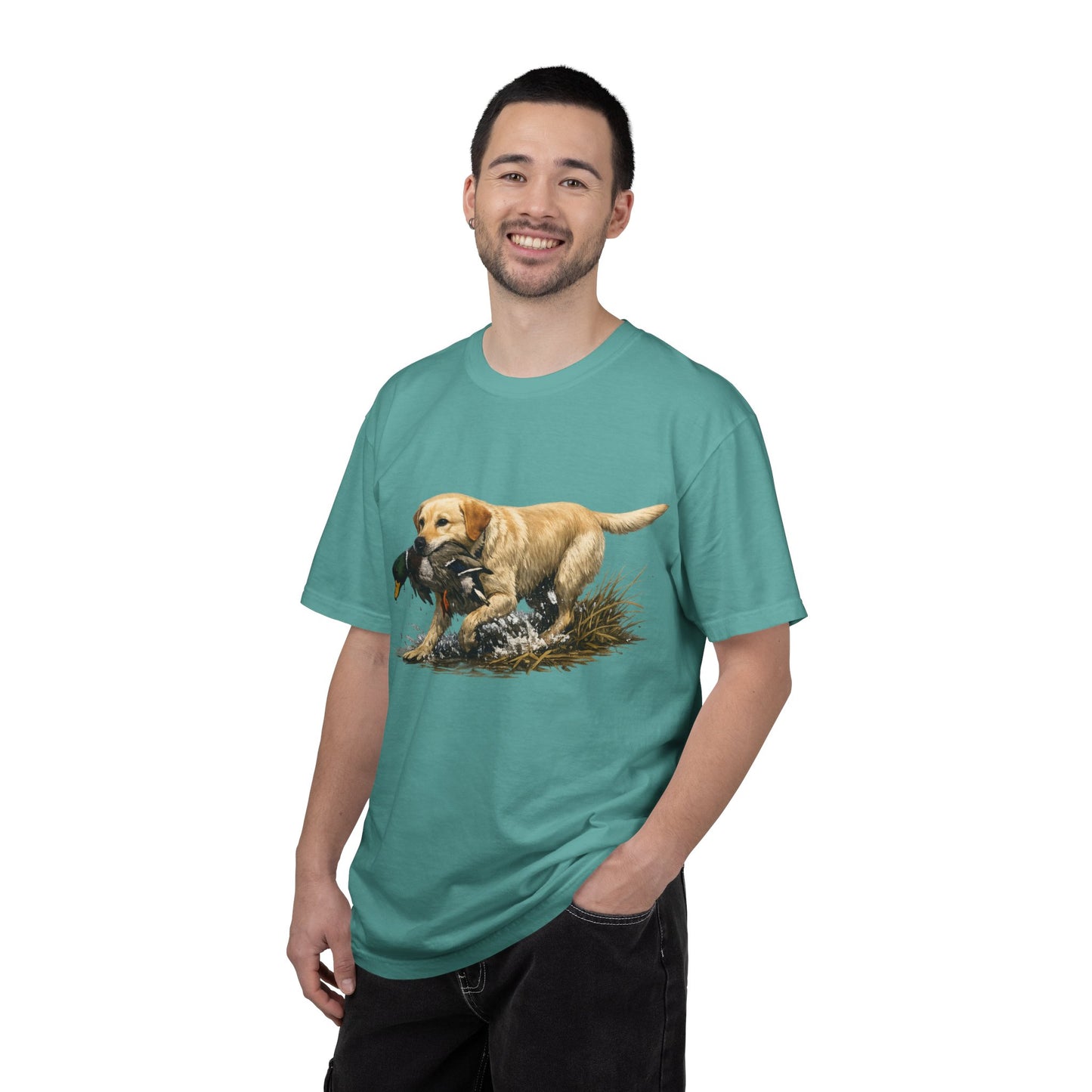 Labrador Retriever Hunting Dog T-Shirt — Yellow Lab with Duck Graphic