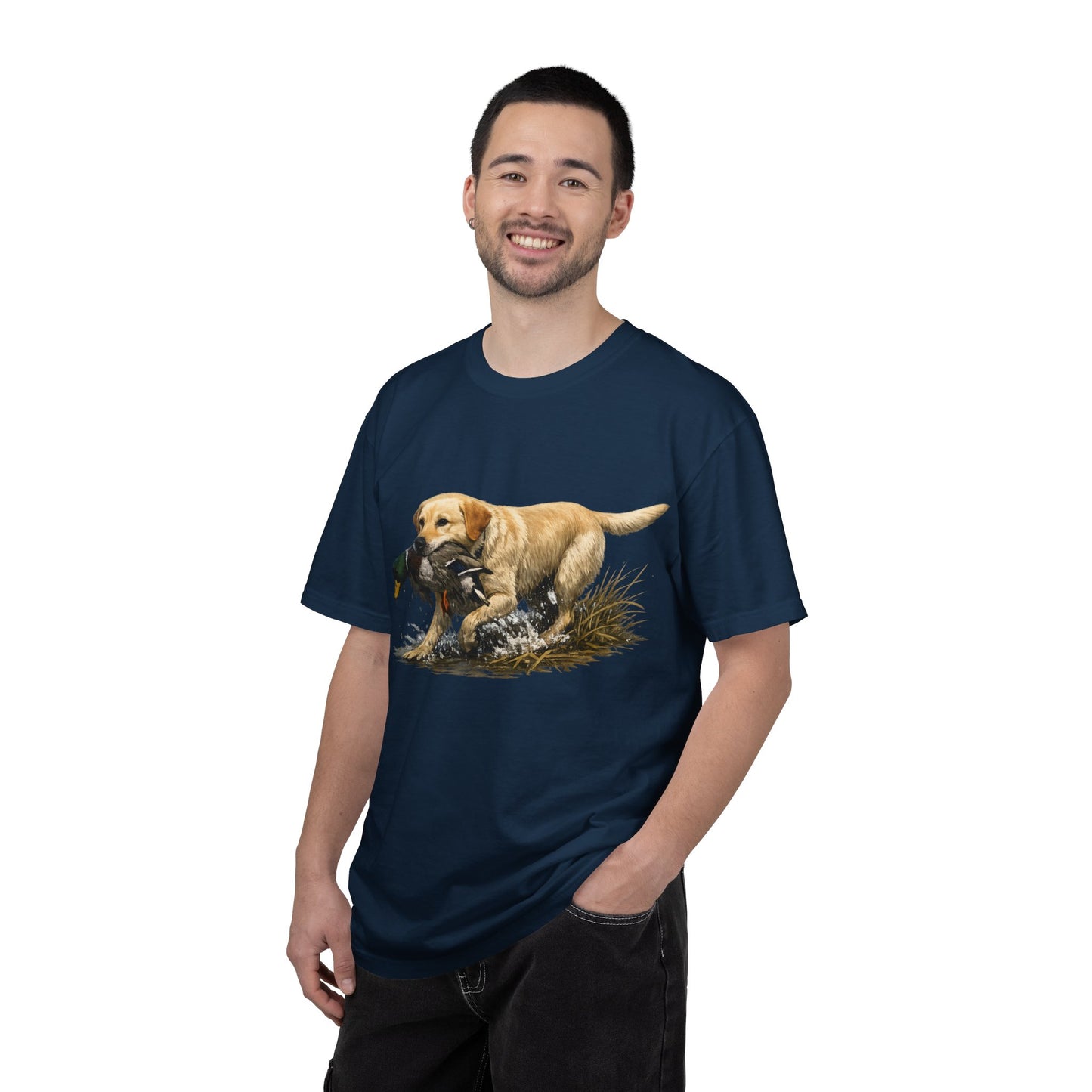 Labrador Retriever Hunting Dog T-Shirt — Yellow Lab with Duck Graphic
