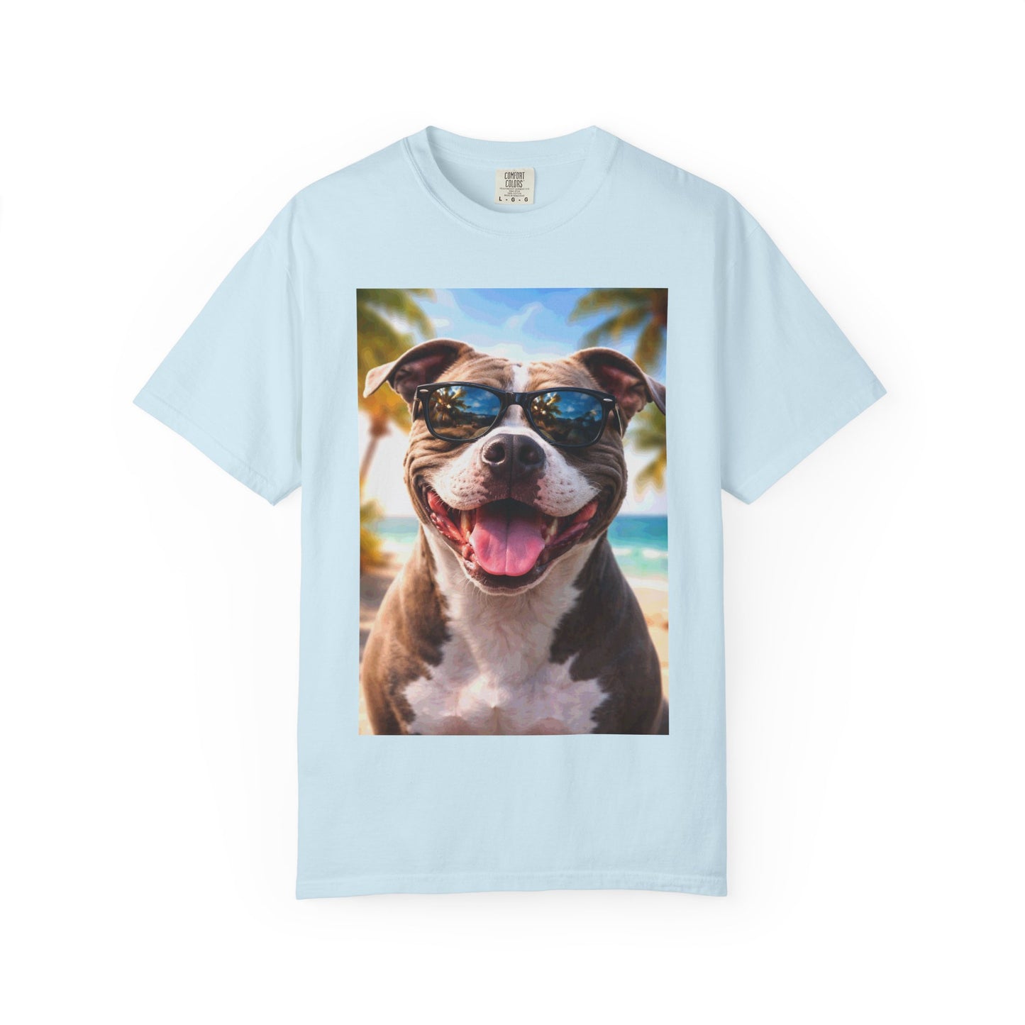 Happy Dog in Sunglasses T-Shirt — Summer Beach Pitbull Graphic Tee