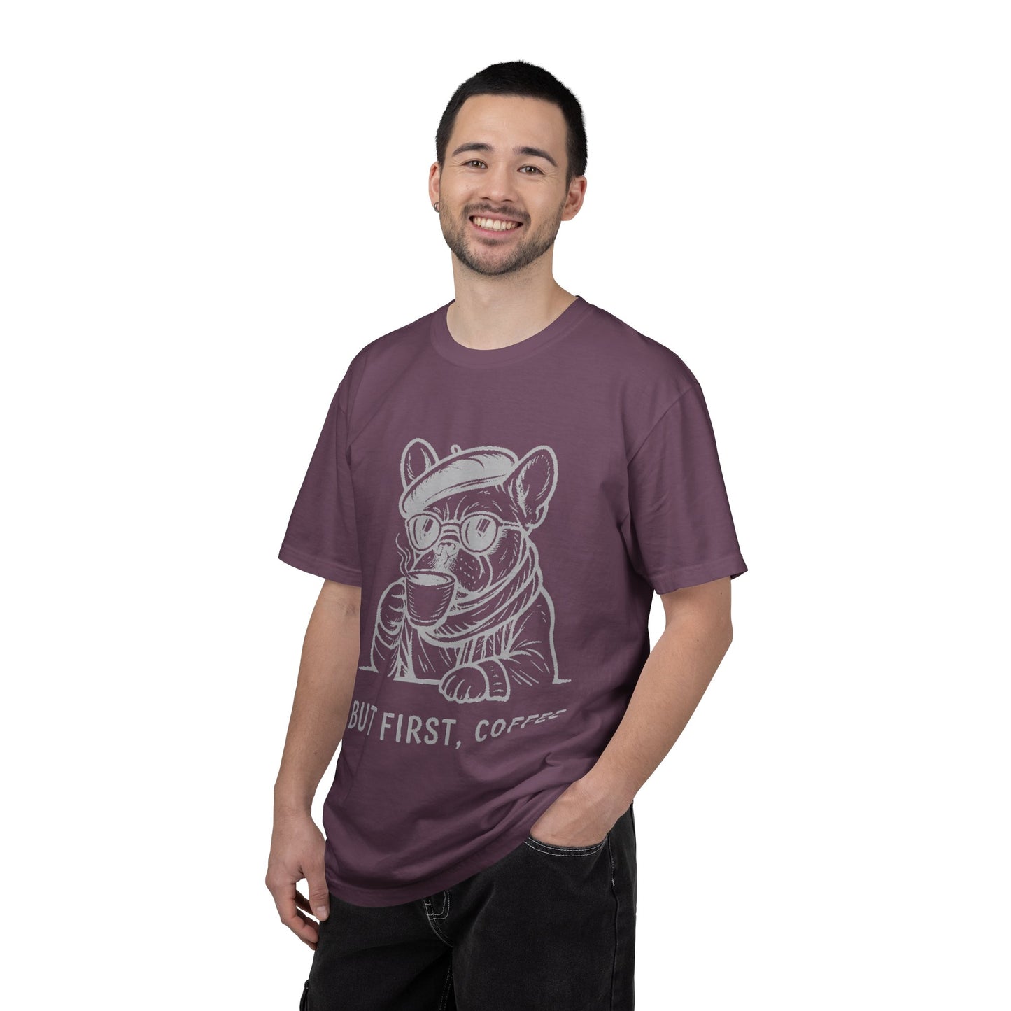 But First, Coffee T-Shirt — French Bulldog Drinking Coffee Graphic Tee