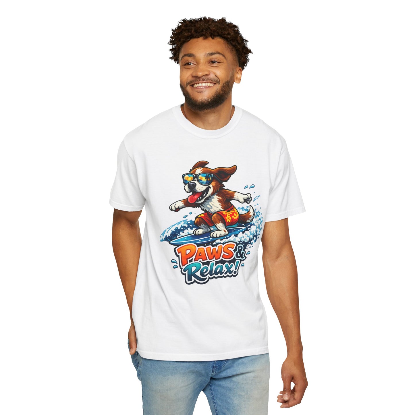 Surfing Dog T-Shirt — "Paws & Relax" Graphic Tee