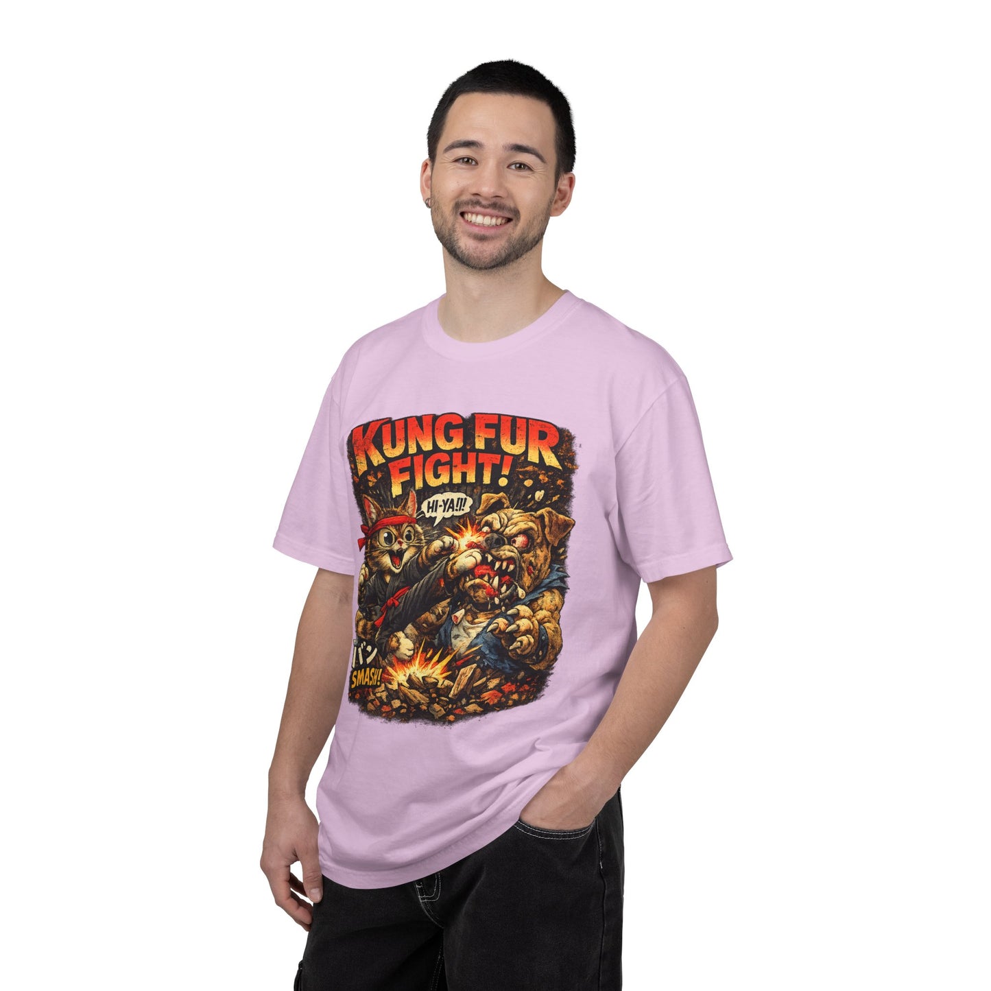 Kung Fur Fight T-Shirt — Retro Cat vs Dog Martial Arts Graphic Tee