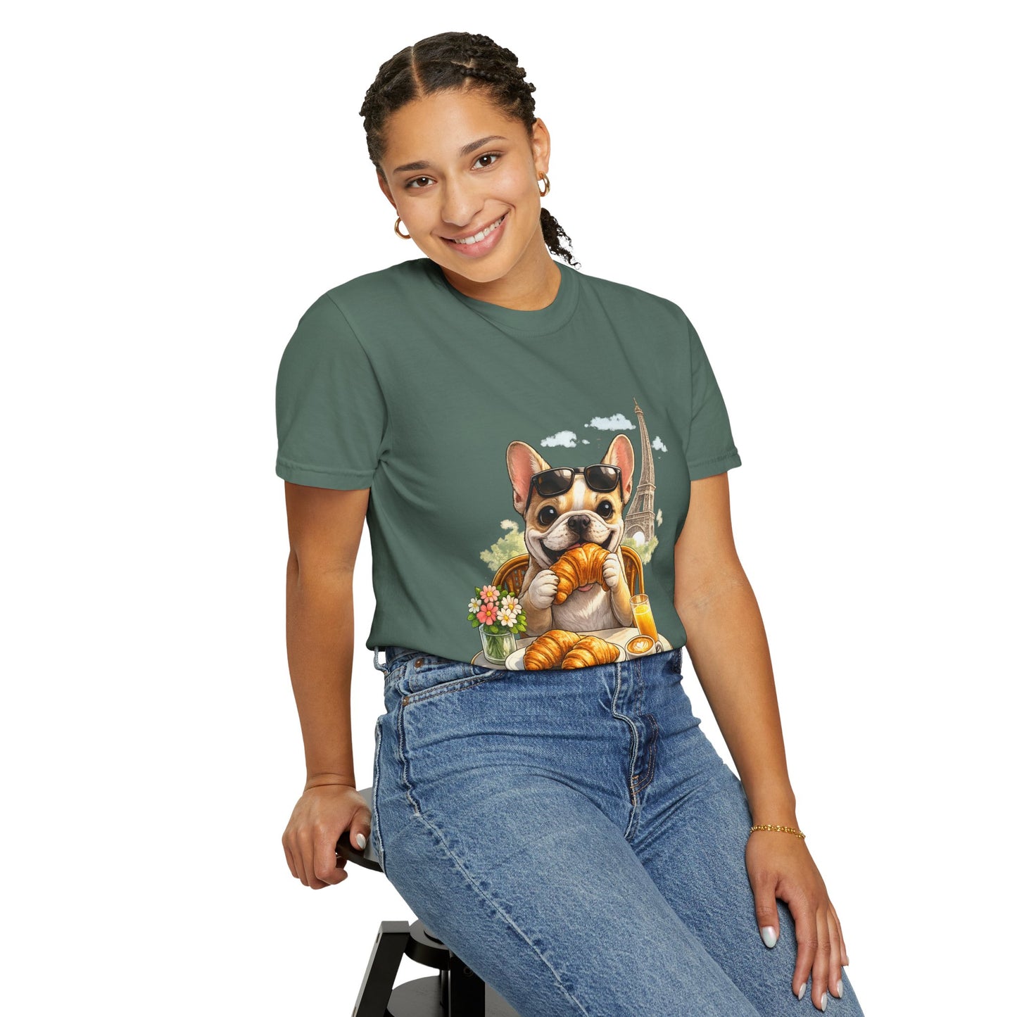 French Bulldog Breakfast T-Shirt — Croissant Café Tee with Eiffel Tower