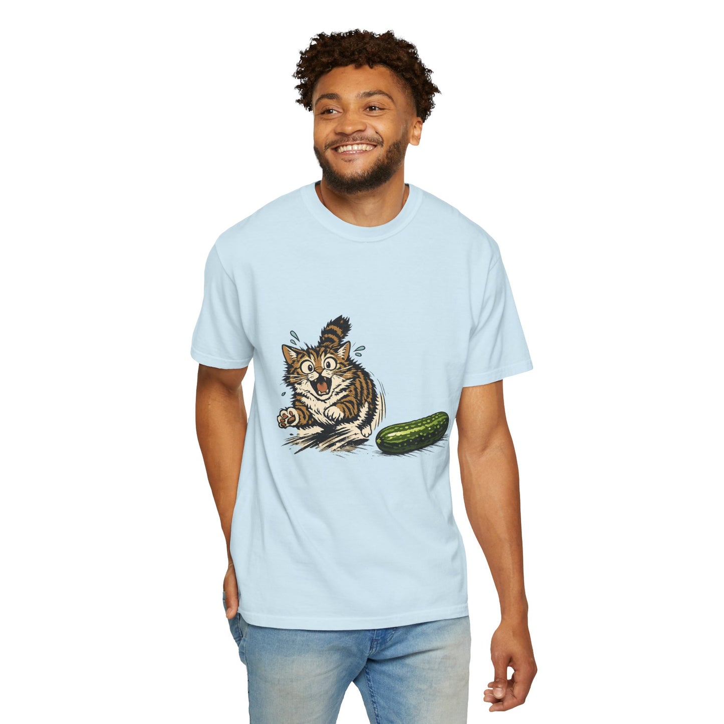 Cat and Cucumber Fear Graphic T-Shirt — Surprised Kitten with Cucumber Illustration