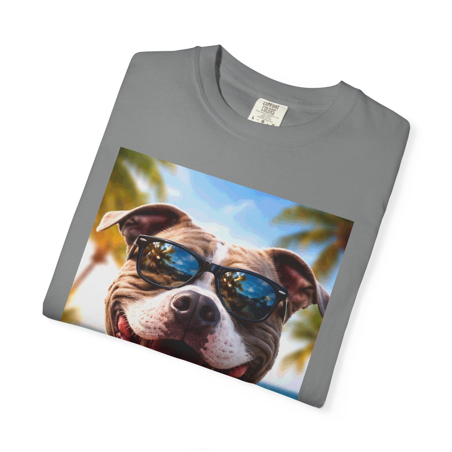 Happy Dog in Sunglasses T-Shirt — Summer Beach Pitbull Graphic Tee