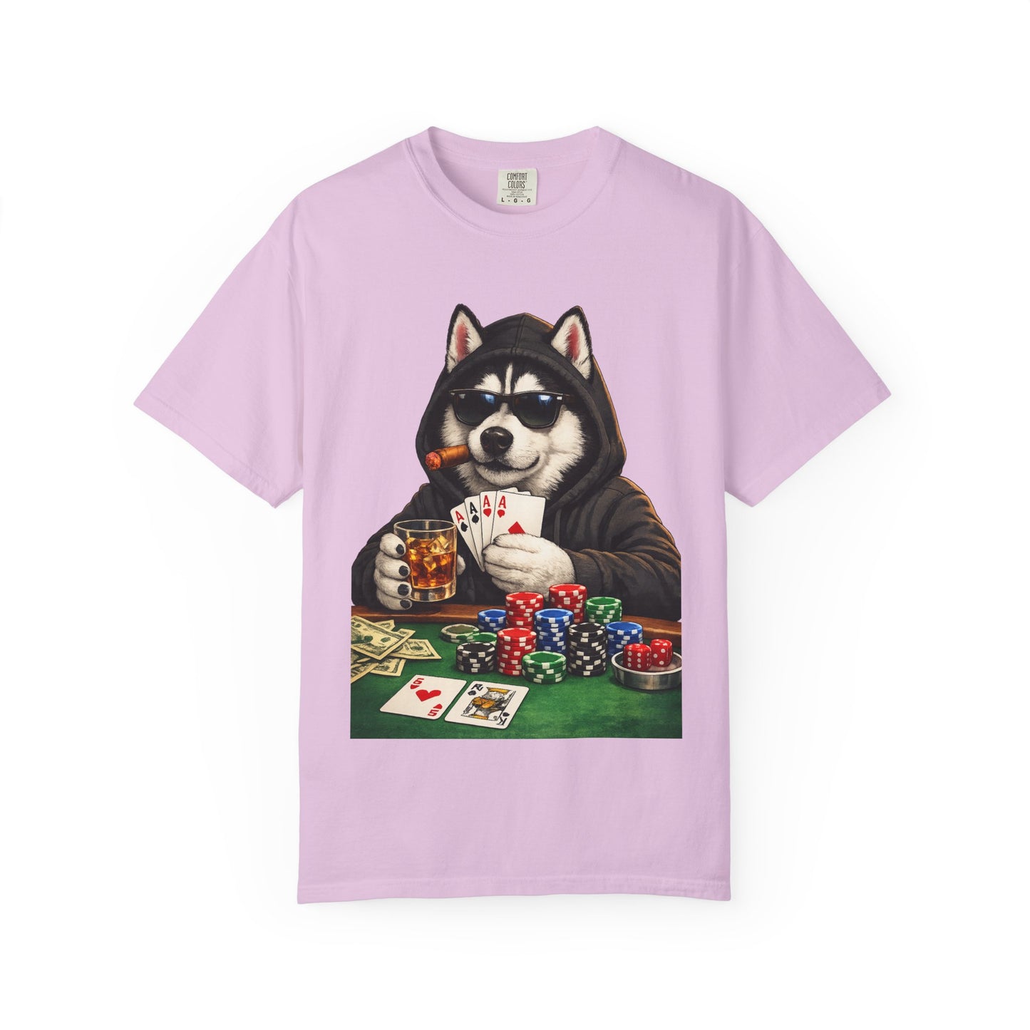 Poker Husky T-Shirt — Dog Playing Cards & Chips Graphic Tee