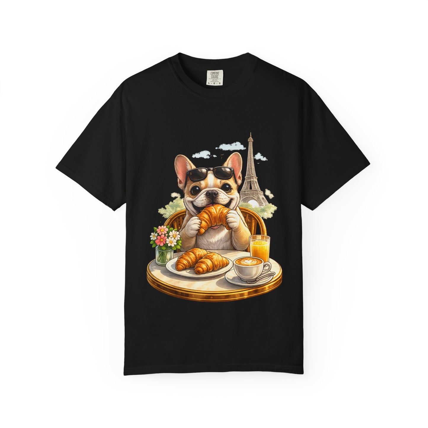 French Bulldog Breakfast T-Shirt — Croissant Café Tee with Eiffel Tower