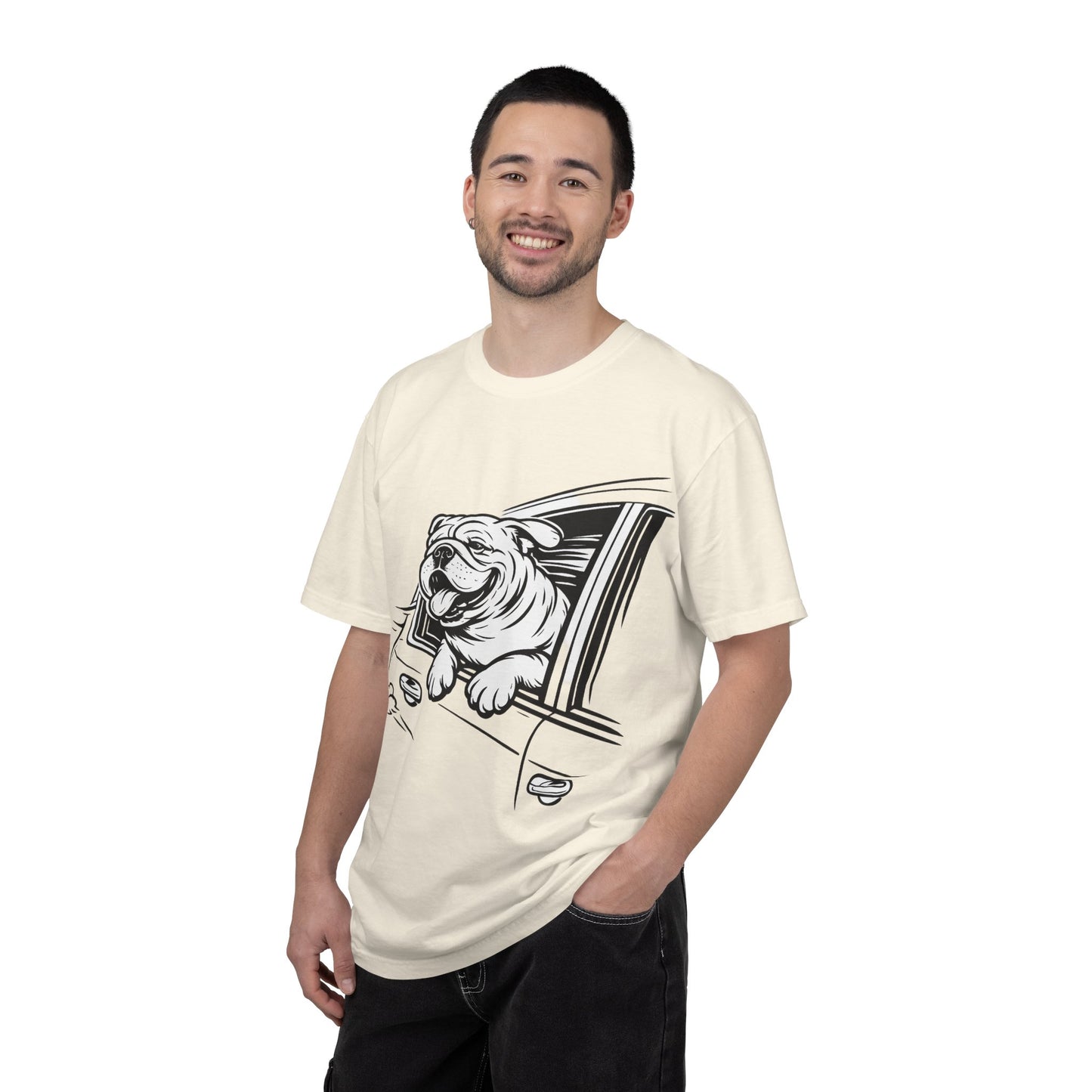 Bulldog Head Out Car Window T-Shirt — Cute Driving Dog Tee