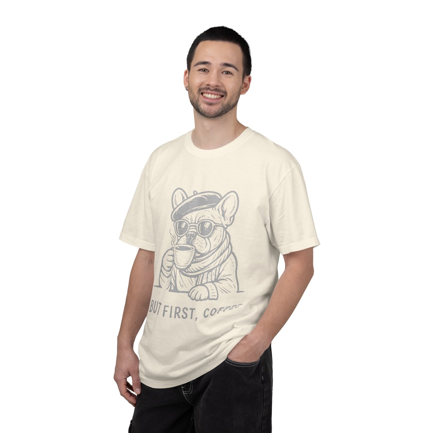 But First, Coffee T-Shirt — French Bulldog Drinking Coffee Graphic Tee