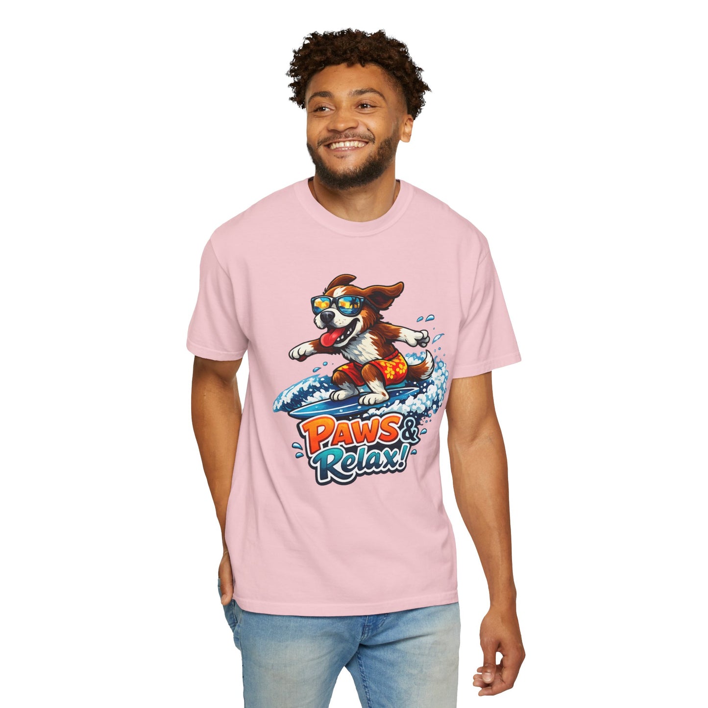 Surfing Dog T-Shirt — "Paws & Relax" Graphic Tee